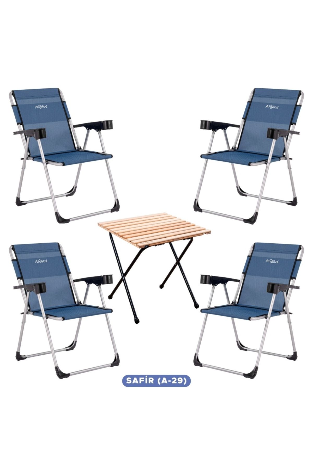 AtikCamp 4 Adet Katlanır Kamp Sandalyesi ve Masa Seti - Rock - Safir A-30 - Bardaklıklı - 140 KG