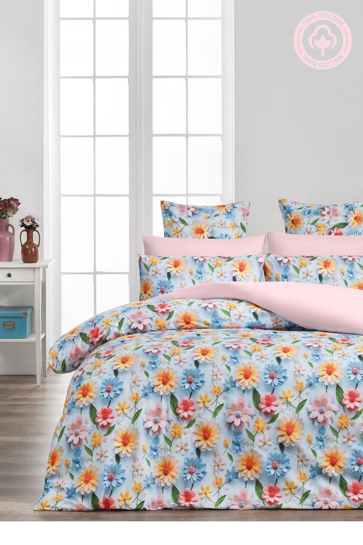 Sheri Home Tekstil YENİ Lastikli Çarşaflı Çift Kişilik Nevresim Takımı 3D BASKI KUMAŞ | MAVİflowers88