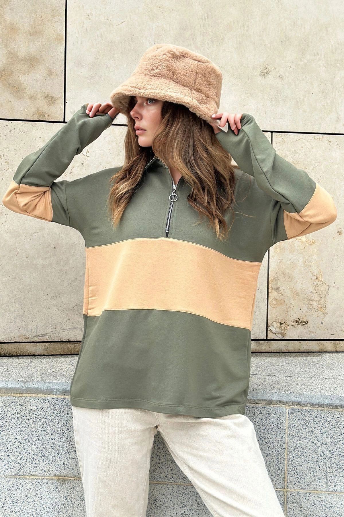 bacc Haki Yakası Fermuarlı Color Block Polo Yaka Salaş Sweatshirt BCBSK-25700-3471