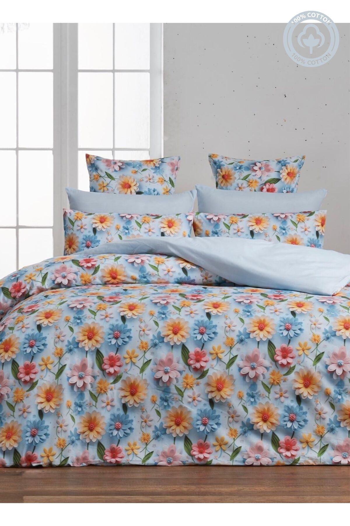 Sheri Home Tekstil YENİ Lastikli Çarşaflı Çift Kişilik Nevresim Takımı 3D BASKI KUMAŞ | MAVİflowers88