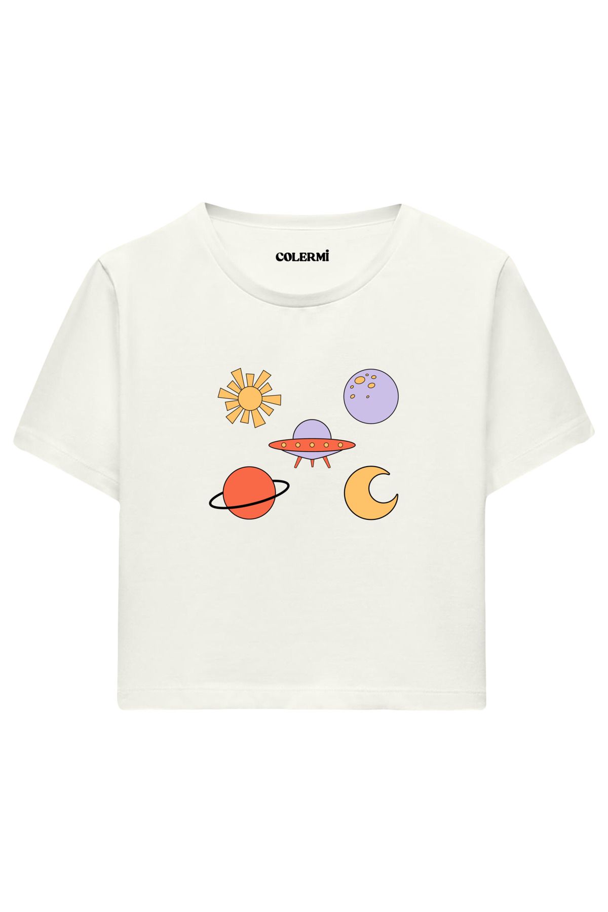 Colermi Renkli Uzay Figürlü %100 Pamuk Kadın Crop Tshirt