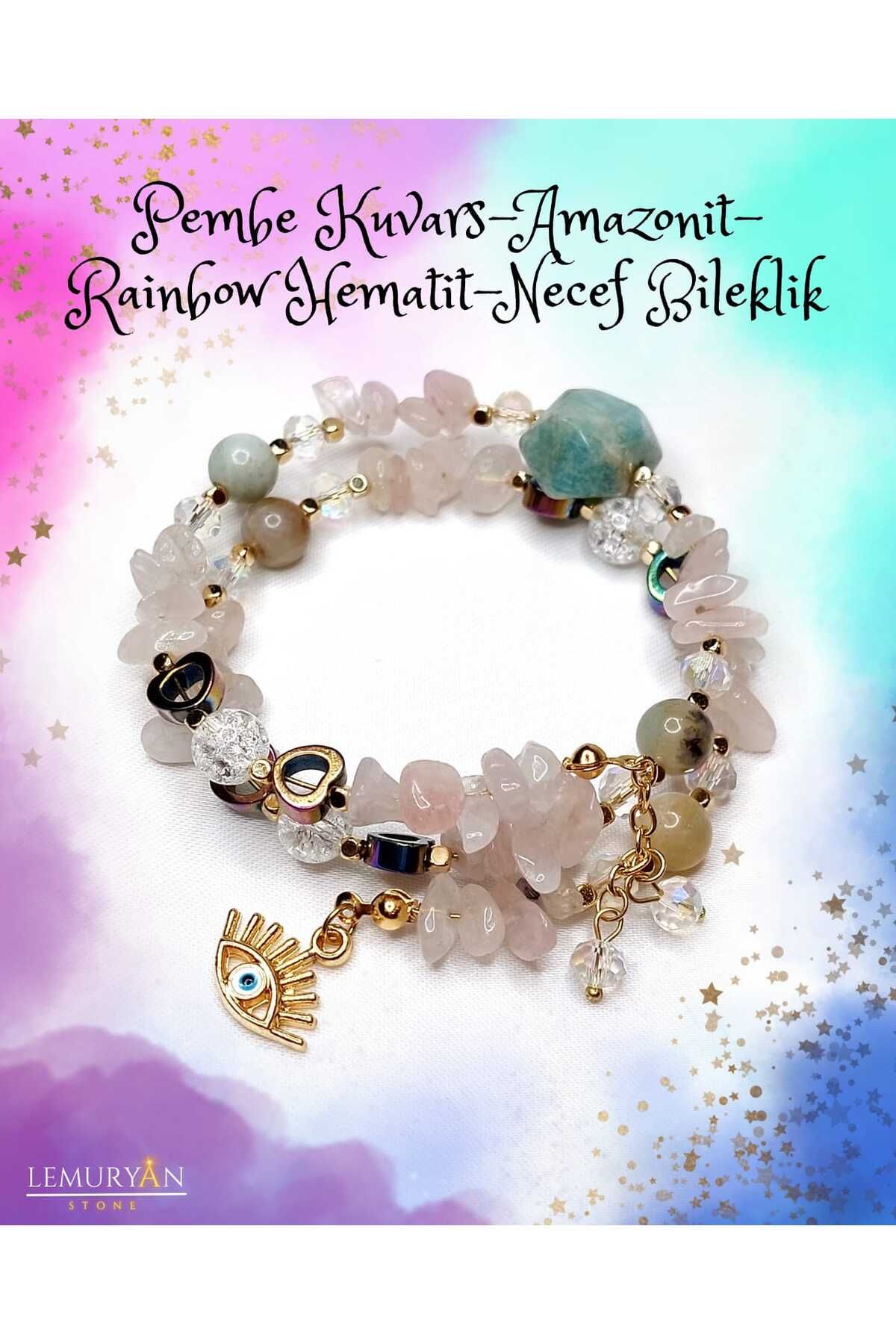 Herkimer Doğal Taş Orijinal Doğaltaş Amazonit - Pembe Kuvars - Rainbow Hematit Helozon Bileklik