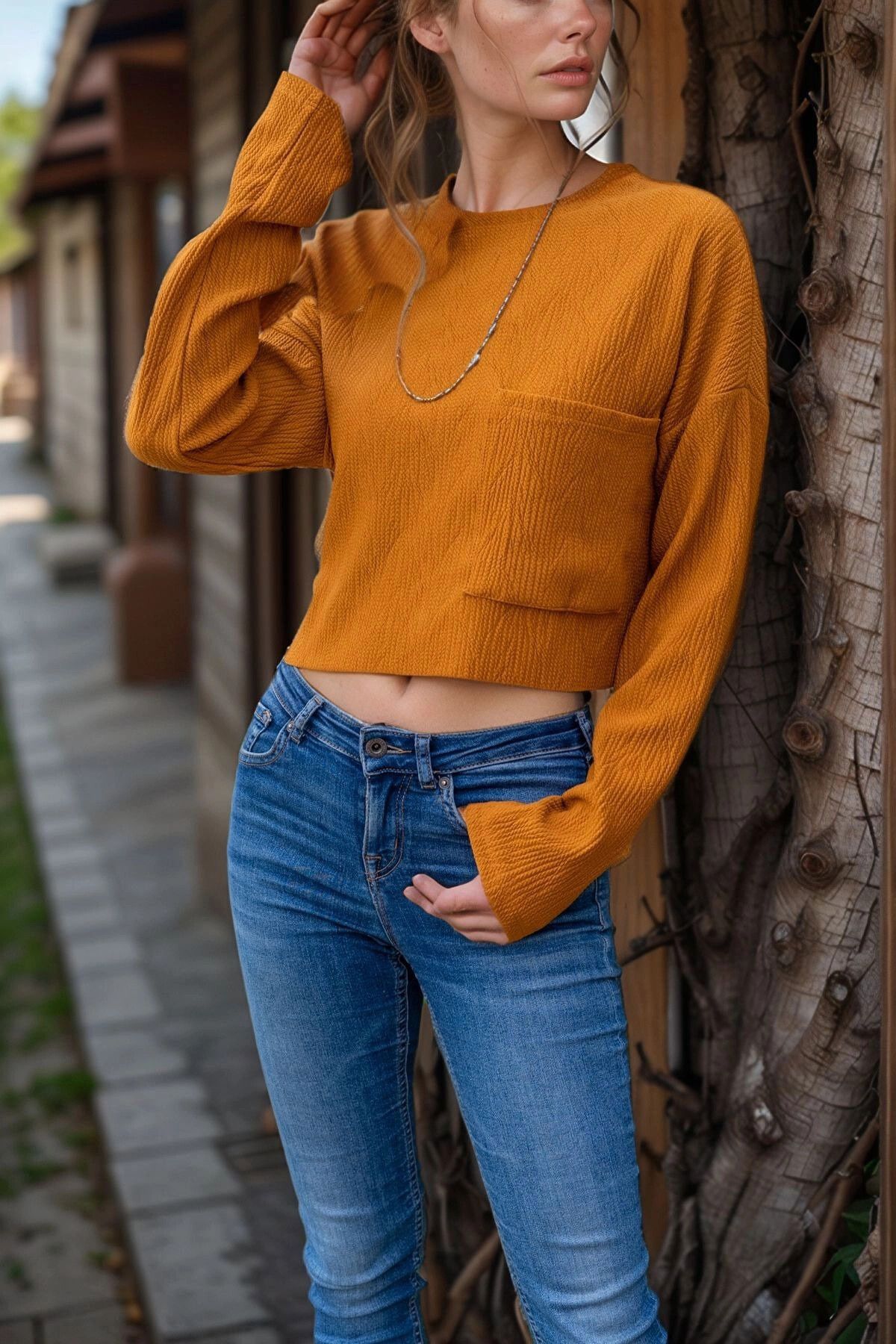 bacc Hardal Kendinden Dokulu Cepli Crop Salaş Sweatshirt BCBSK-25700-3321