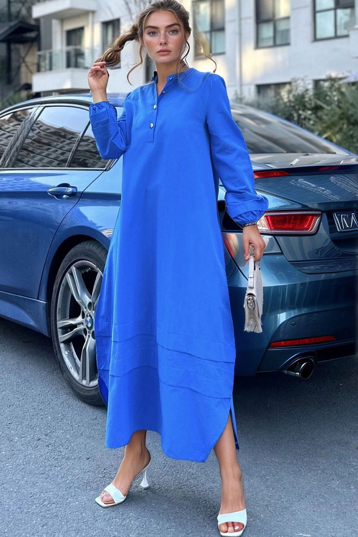 bacc Saks Oversize Kolu Lastikli Uzun Elbise BCBSK-25700-3517
