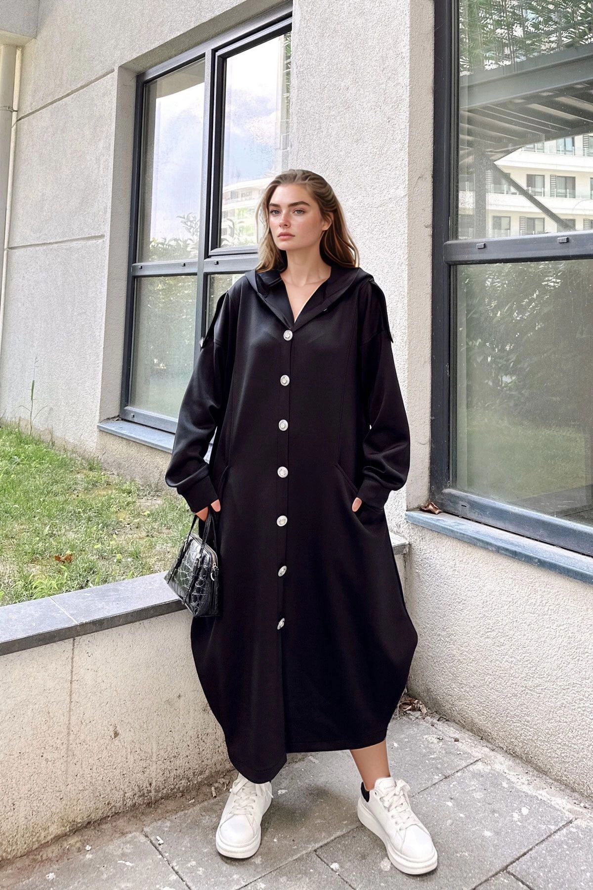 bacc Siyah Kapüşonlu Oversize Elbise BCBSK-25700-3446
