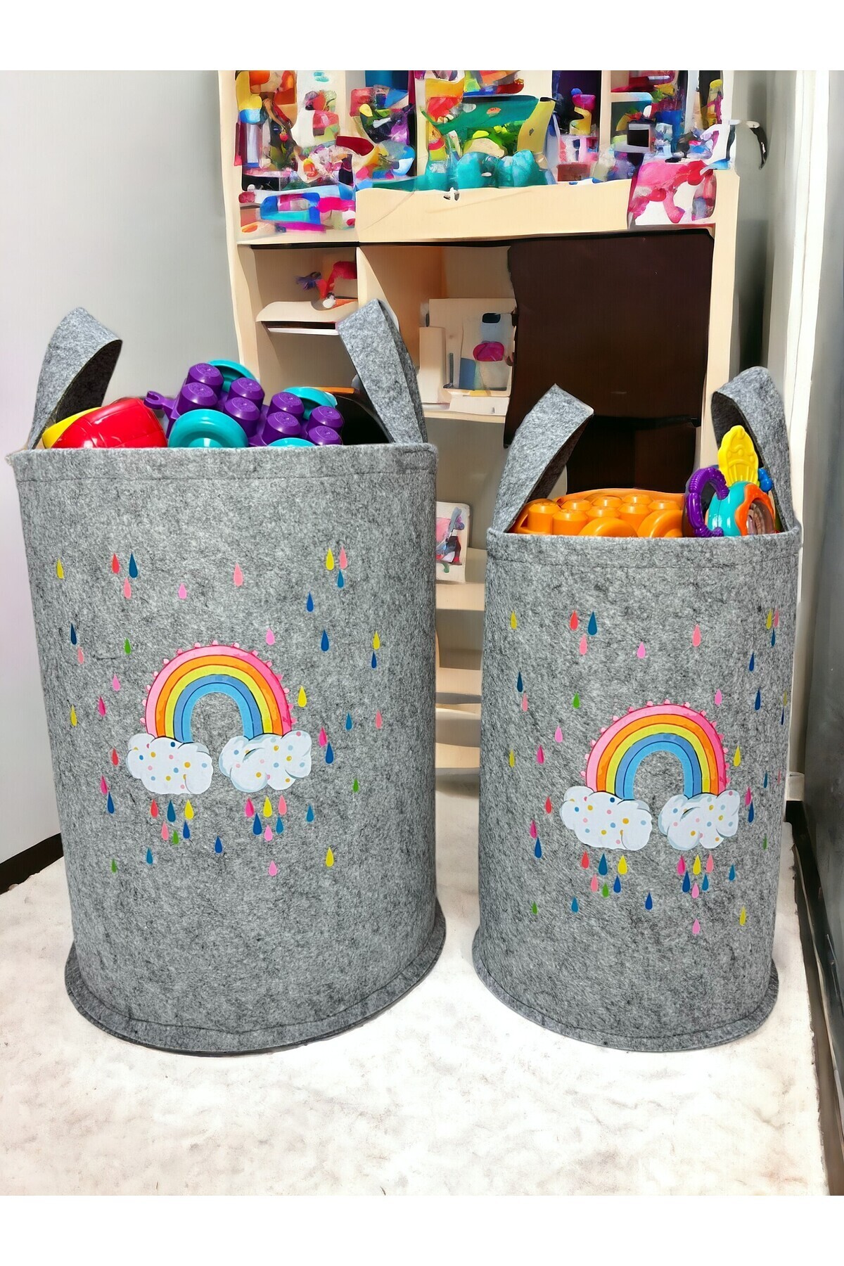 Trend Sizde Unisex Gri Gökkuşağı Temalı Büyük Ve Orta Boy Oyuncak Çamaşır Sepeti