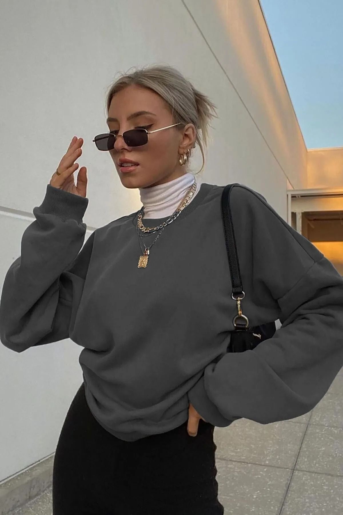 Entrendburada Füme Bisiklet Yaka Üç İplik Basic Sweatshirt - 10611