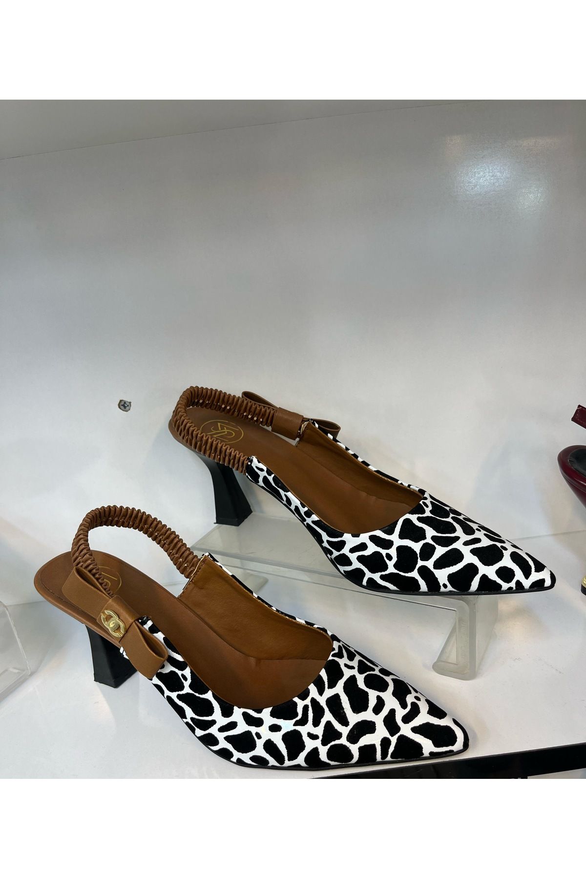 Forever Siyah Bez leoparlı topuklu ayakkabı