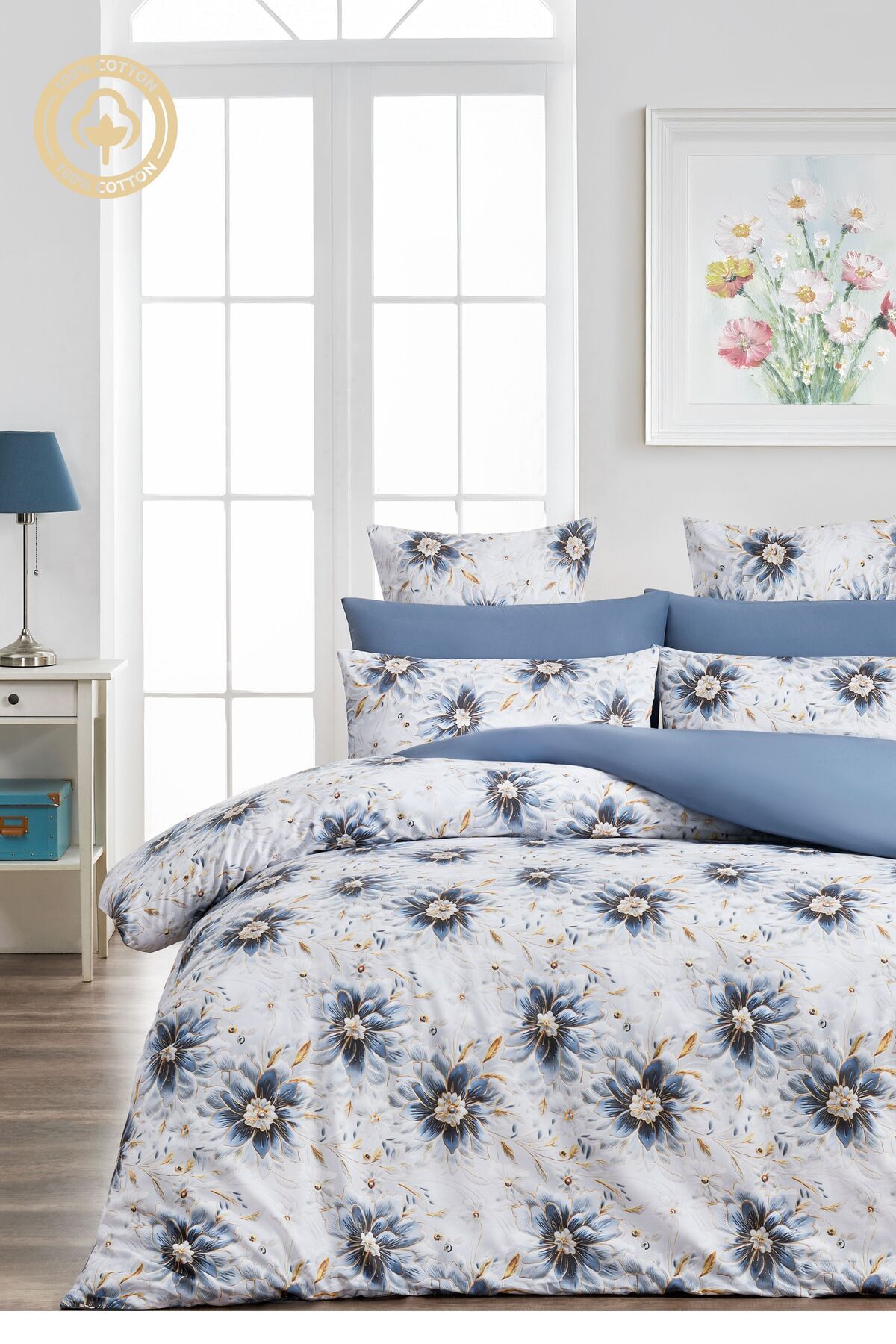 Sheri Home Tekstil YENİ Lastikli Çarşaflı Çift Kişilik Nevresim Takımı 3D BASKI KUMAŞ | MAVİflowers88