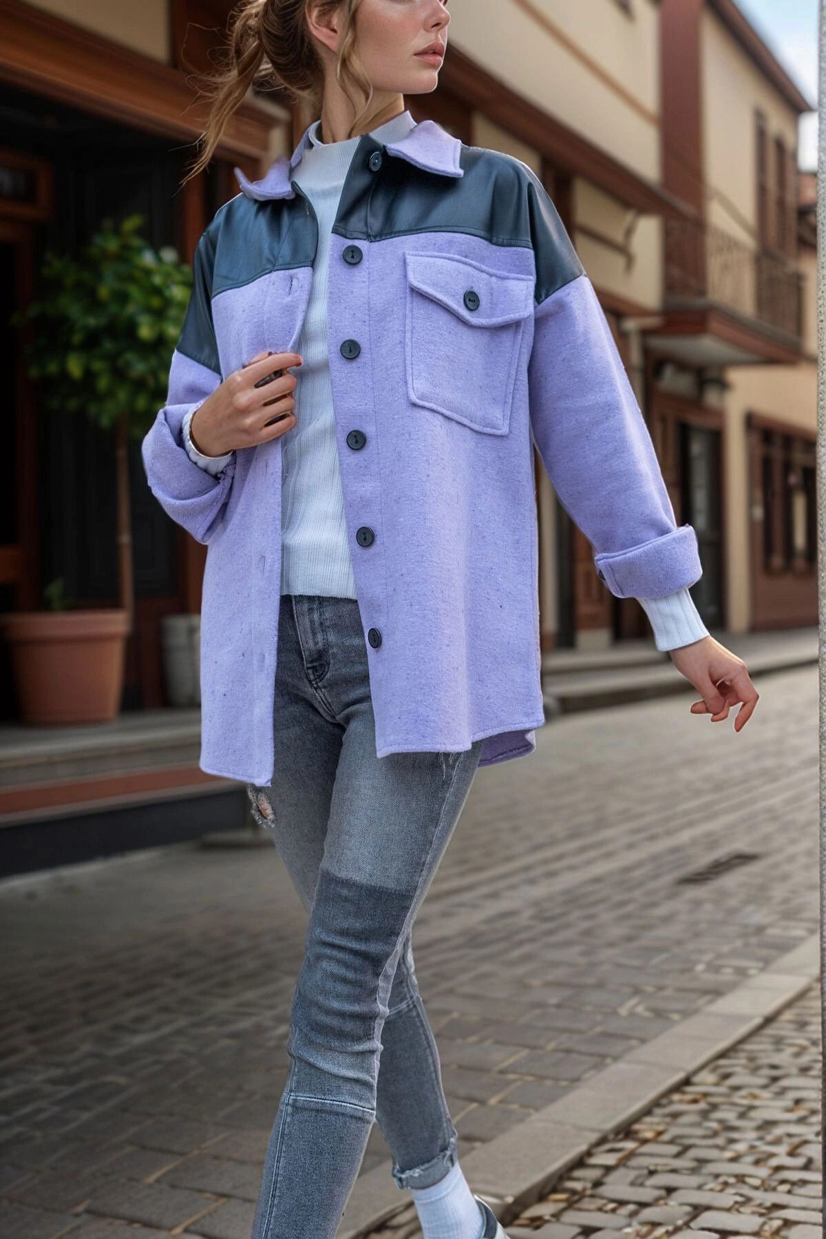bacc Lila Taş Deri Garnili Sırtı Baskılı Kaşe Oversize Ceket Gömlek BCBSK-25700-3289