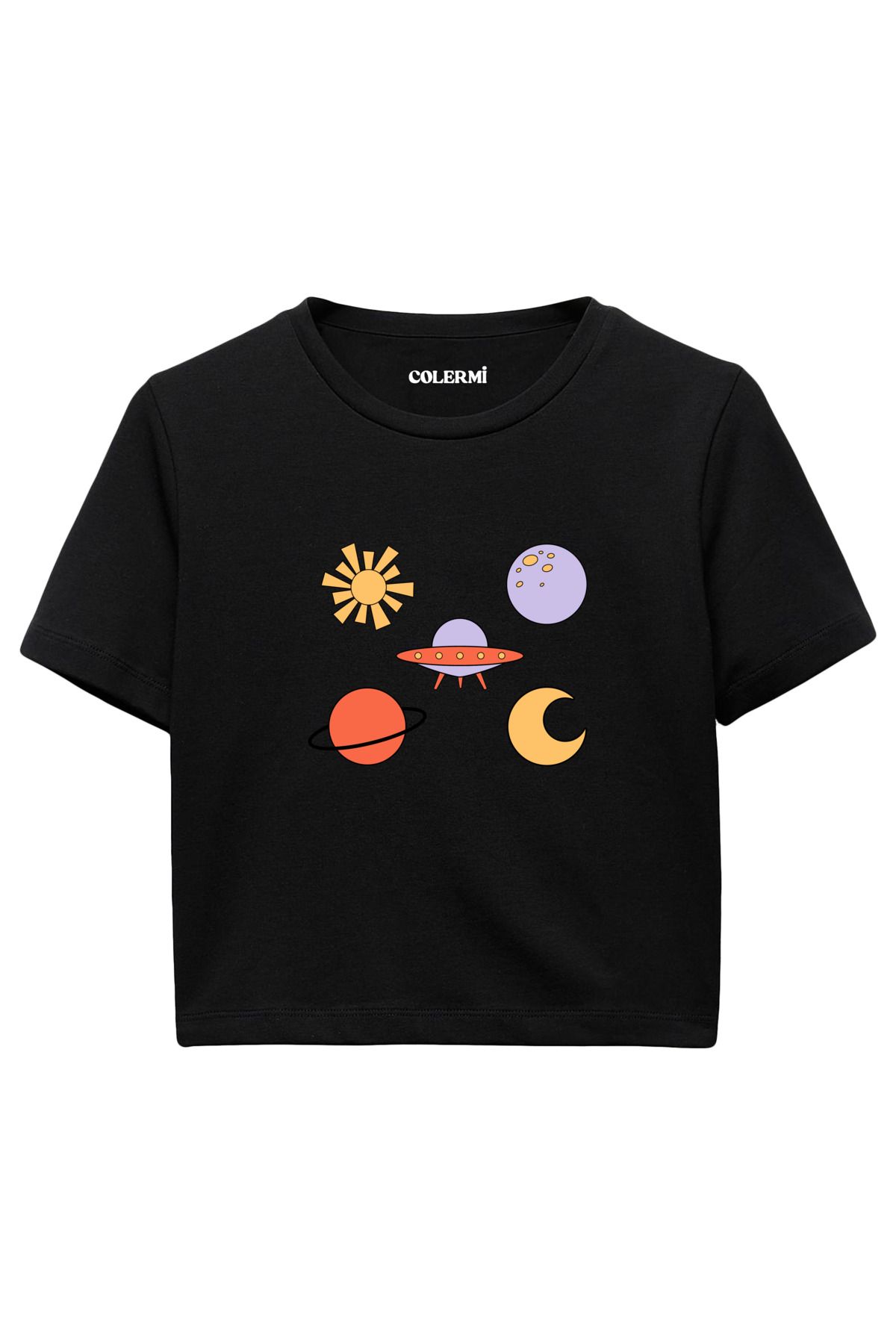 Colermi Renkli Uzay Figürlü %100 Pamuk Kadın Crop Tshirt