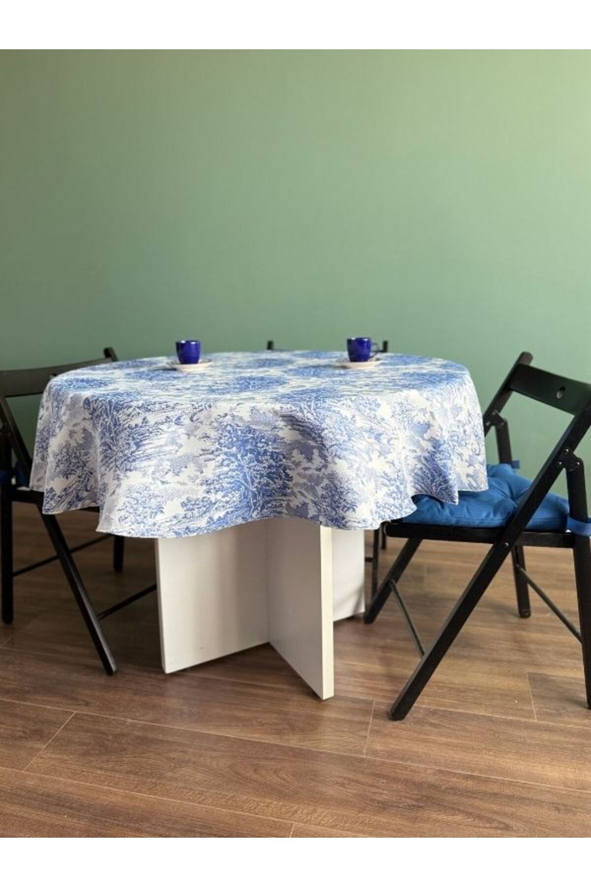 LOOM & LAUREL Jakarlı Dokuma Kumaş Yuvarlak 160 X 160 Masa Örtüsü Mavi Ağırlıklı