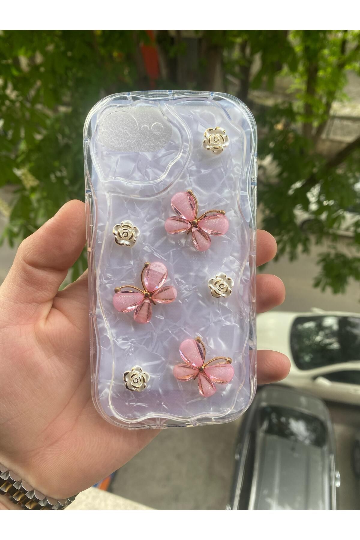 AQUA AKSESUAR Apple iPhone 16E Uyumlu Kılıf 5D Kabartmalı Kelebek Çiçek Desenli Kenarları Şeffaf Simli Kapak