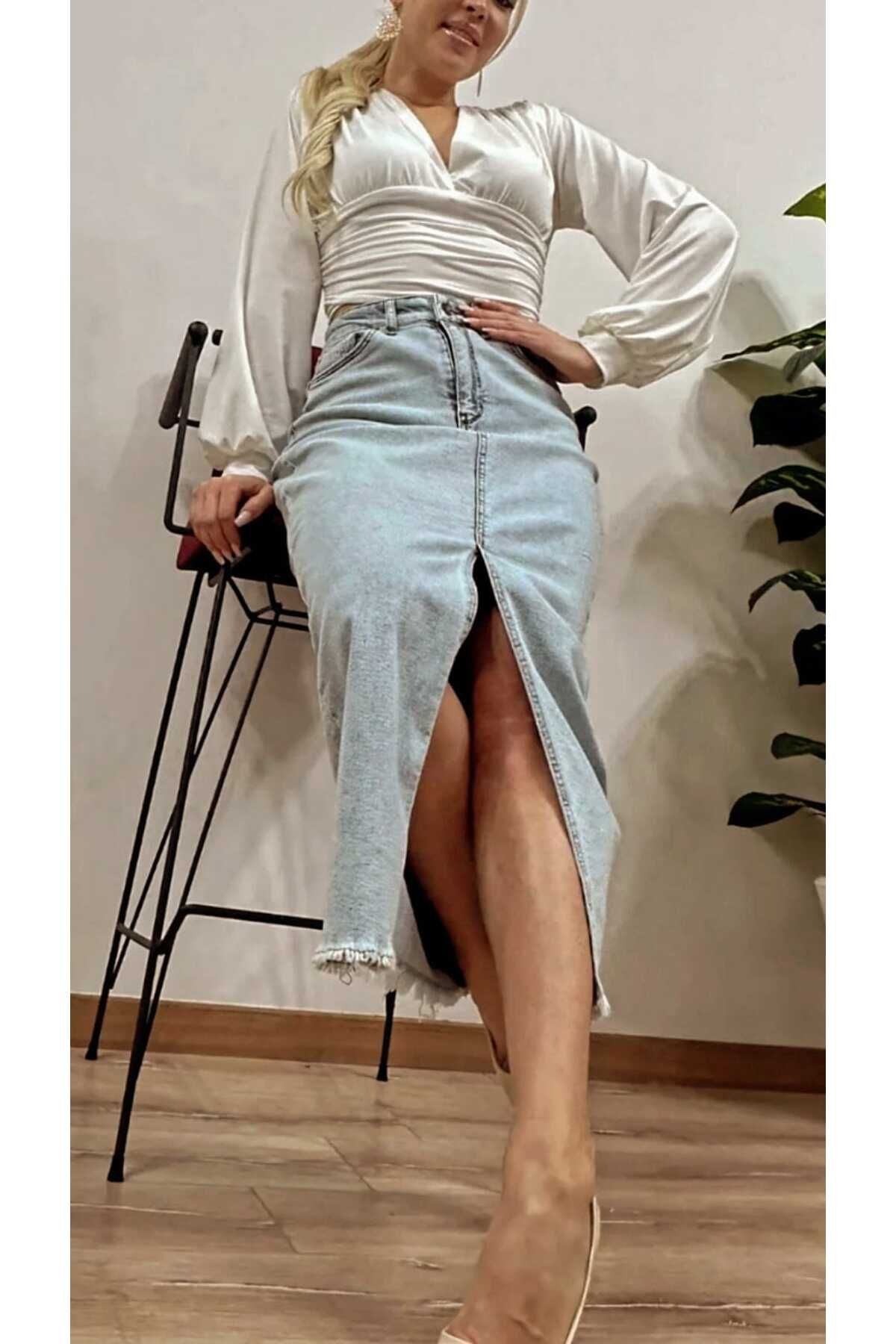 ButikSN collection Kadın Kot Etek Denim Önden Yırtmaçlı Midi Boy Buz Mavisi