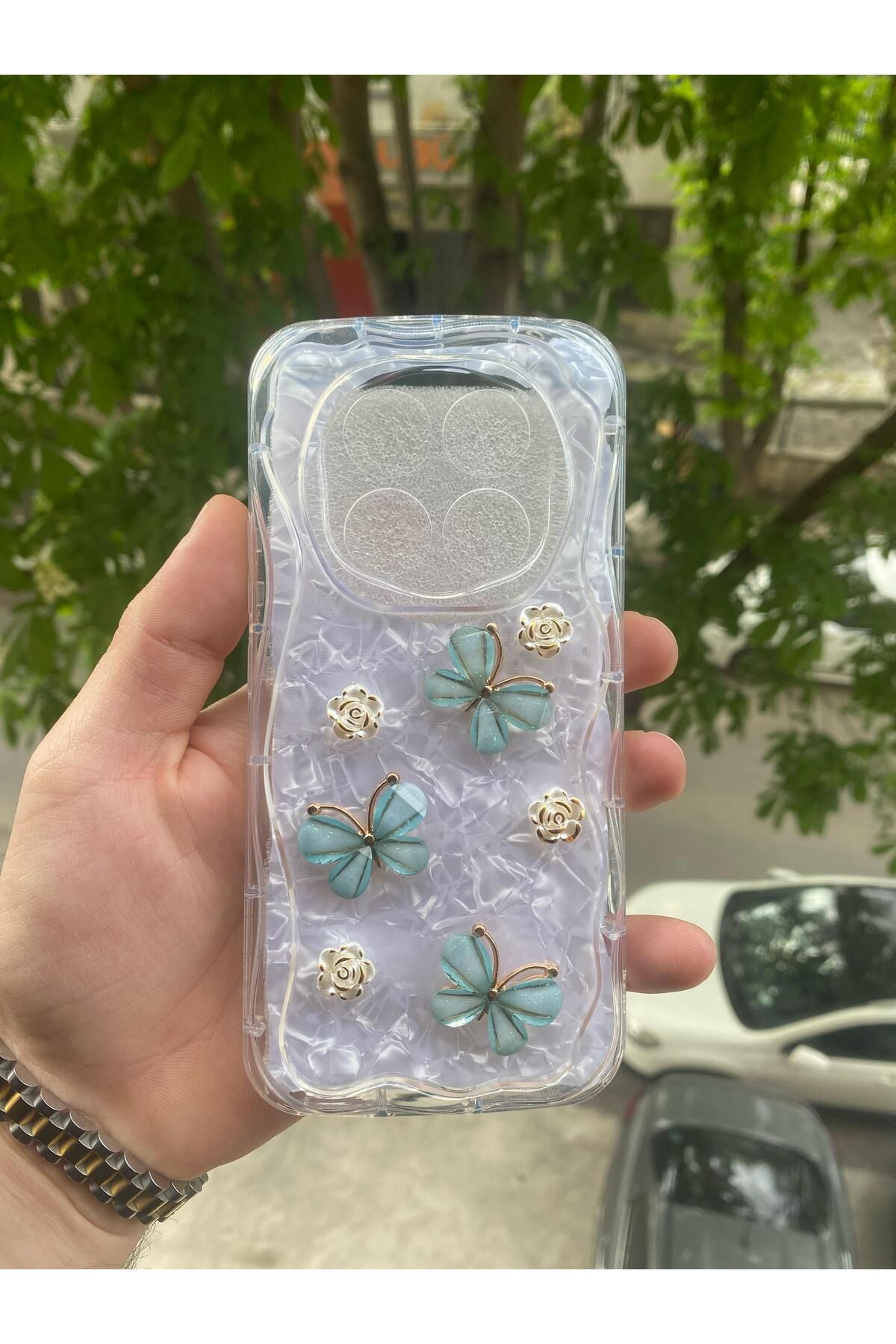 AQUA AKSESUAR Xiaomi Redmi Note 14 Pro 4G Uyumlu Kılıf 5D Kabartmalı Kelebek Çiçek Desenli Kenarları Şeffaf