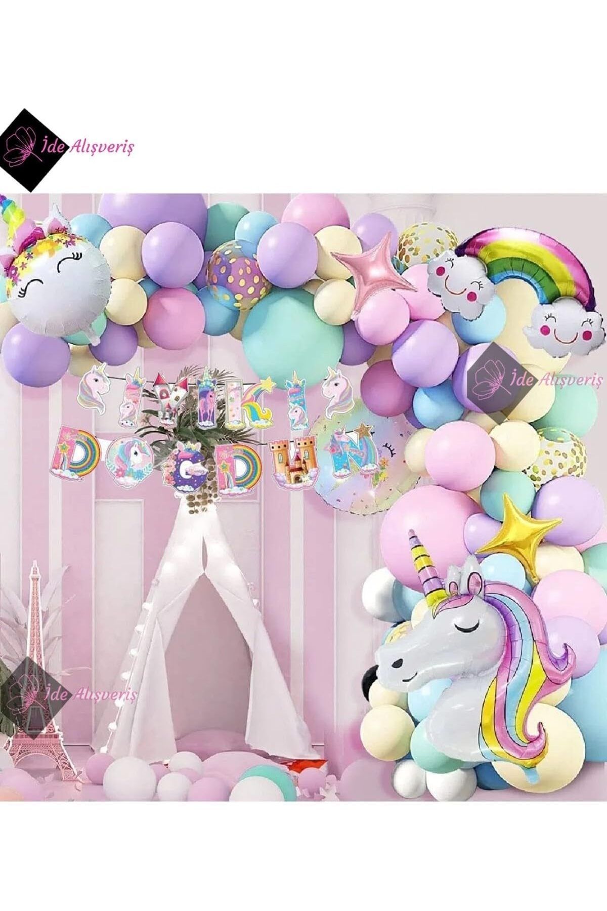 STOREMAX htpshopmx Karakterli Unicorn Temalı İyi Ki Doğdun Makaron Balon Doğum Günü Parti Kutlama Seti