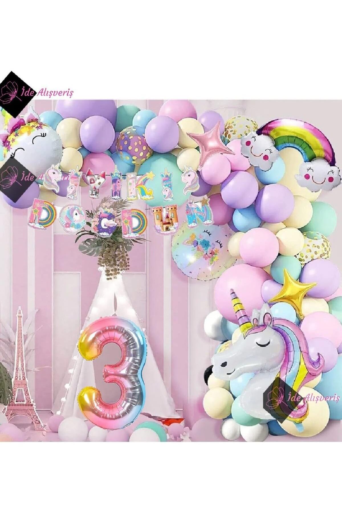 STOREMAX htpshopmx 3 Yaş Karakterli Unicorn Temalı Iyi Ki Doğdun Makaron Balon Doğum Günü Parti Kutlama