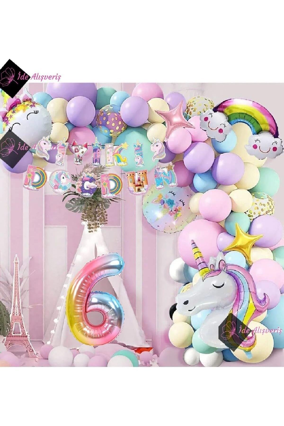 STOREMAX htpshopmx 6 Yaş Karakterli Unicorn Temalı Iyi Ki Doğdun Makaron Balon Doğum Günü Parti Kutlama