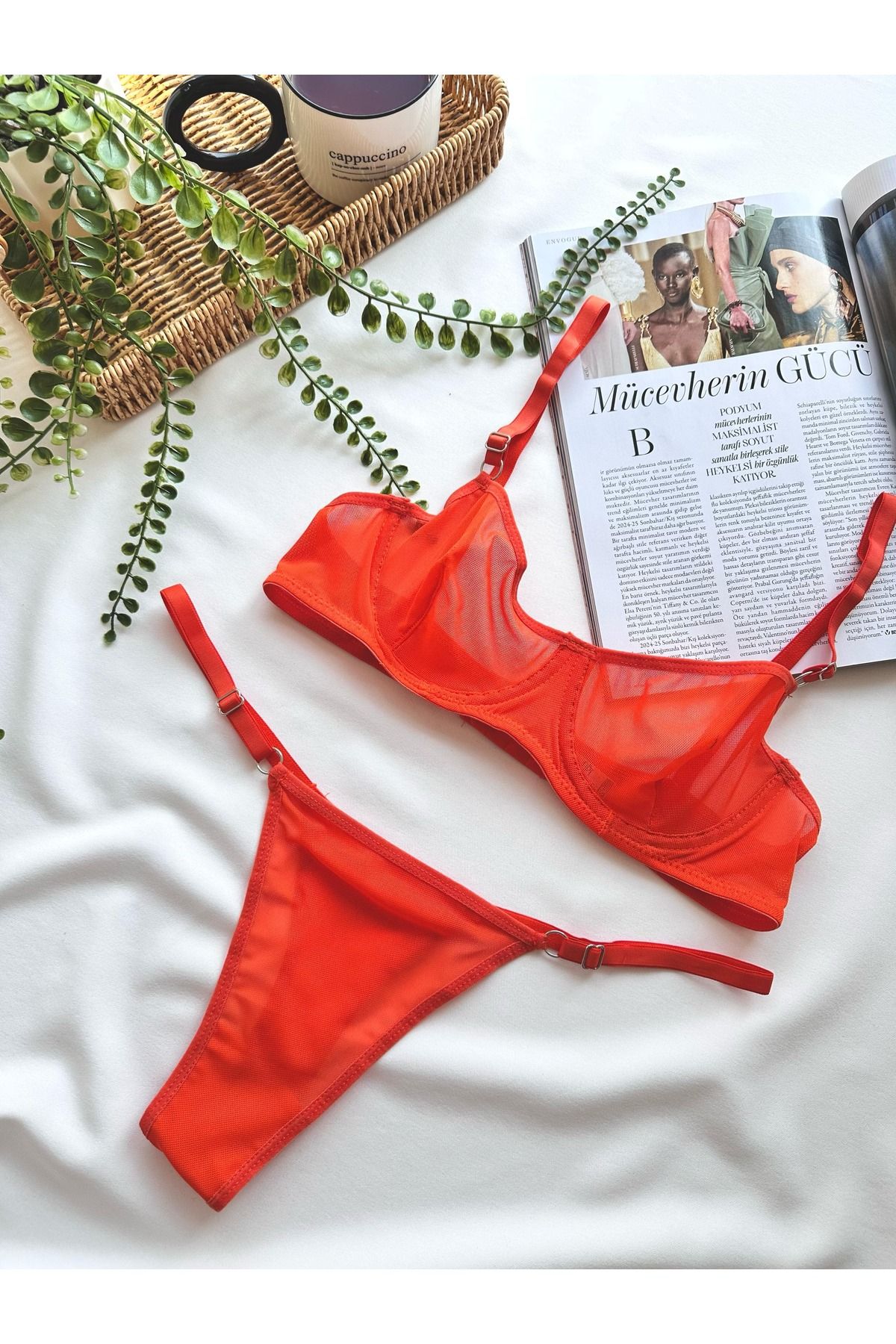EMOŞ Turuncu Tül Balenli Bralet Çamaşır Takımı