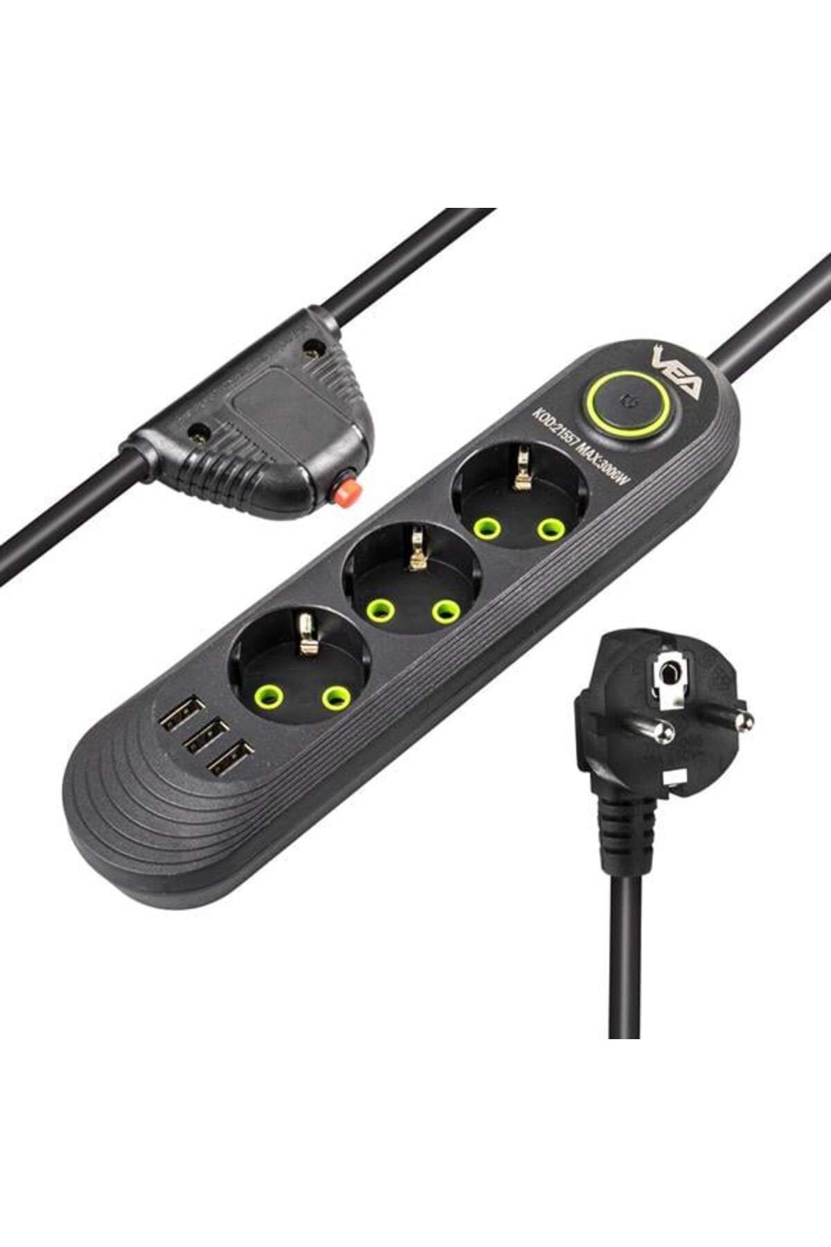 Roses Store Vea Va-21557 3'Lü 3 Usb'Li 1.5 Metre Akım Korumalı Priz Siyah