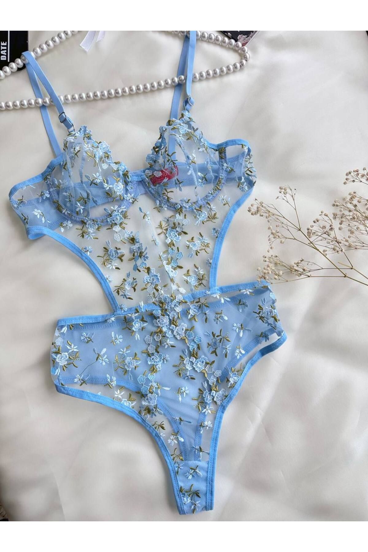 Perinti Dantel İşlemeli Çiçek Desenli Transparan Mavi Tül Kadın Bodysuit