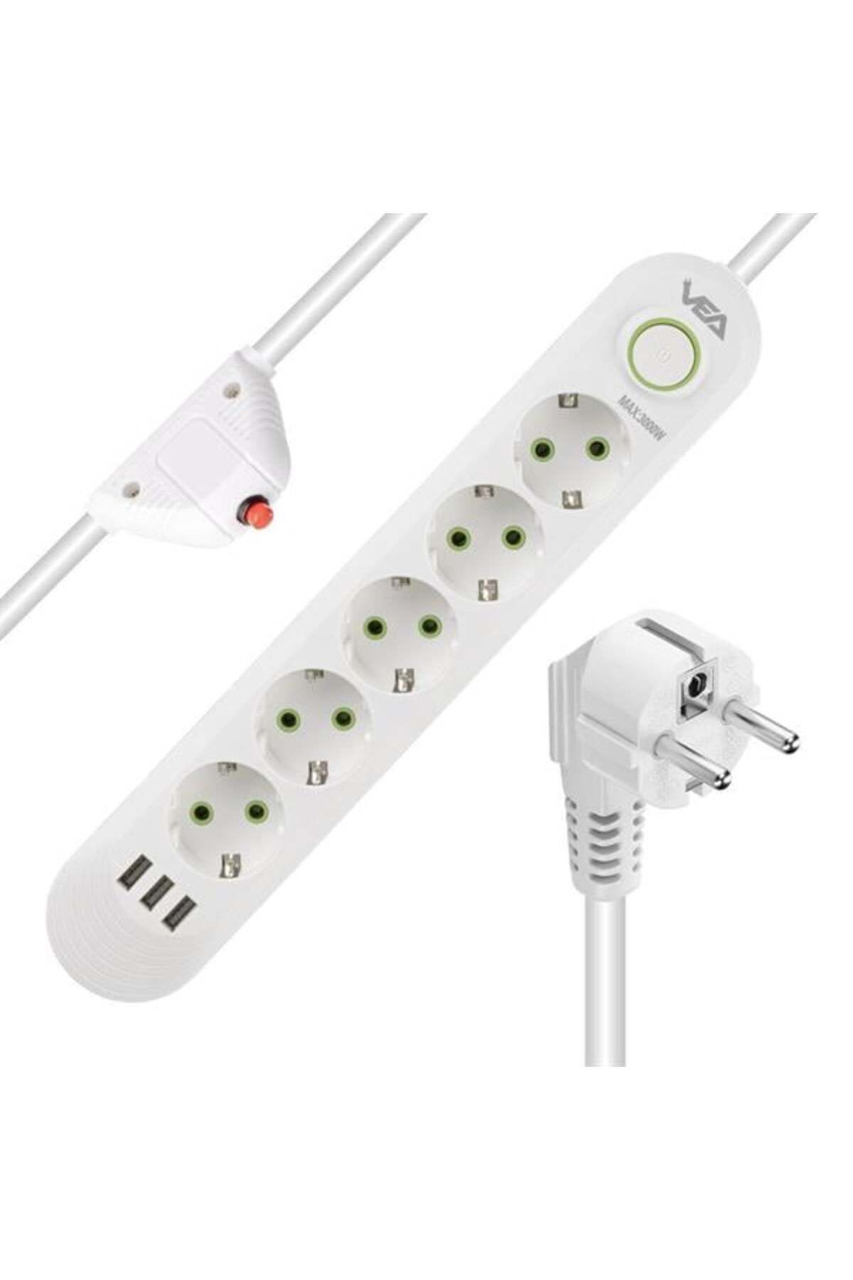 Roses Store Vea Va-21562 5'Li 3 Usb'Li 1.5 Metre Akım Korumalı Priz Beyaz