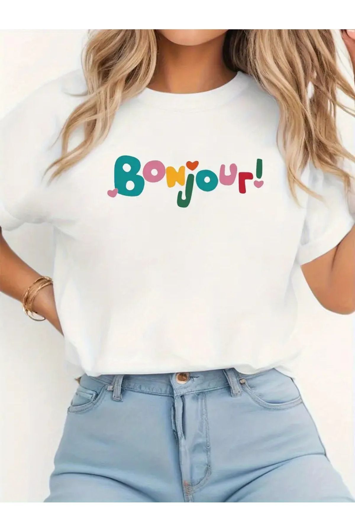 Massgai Unisex Bonjour Baskılı Oversize %100 Pamuk T-shirt