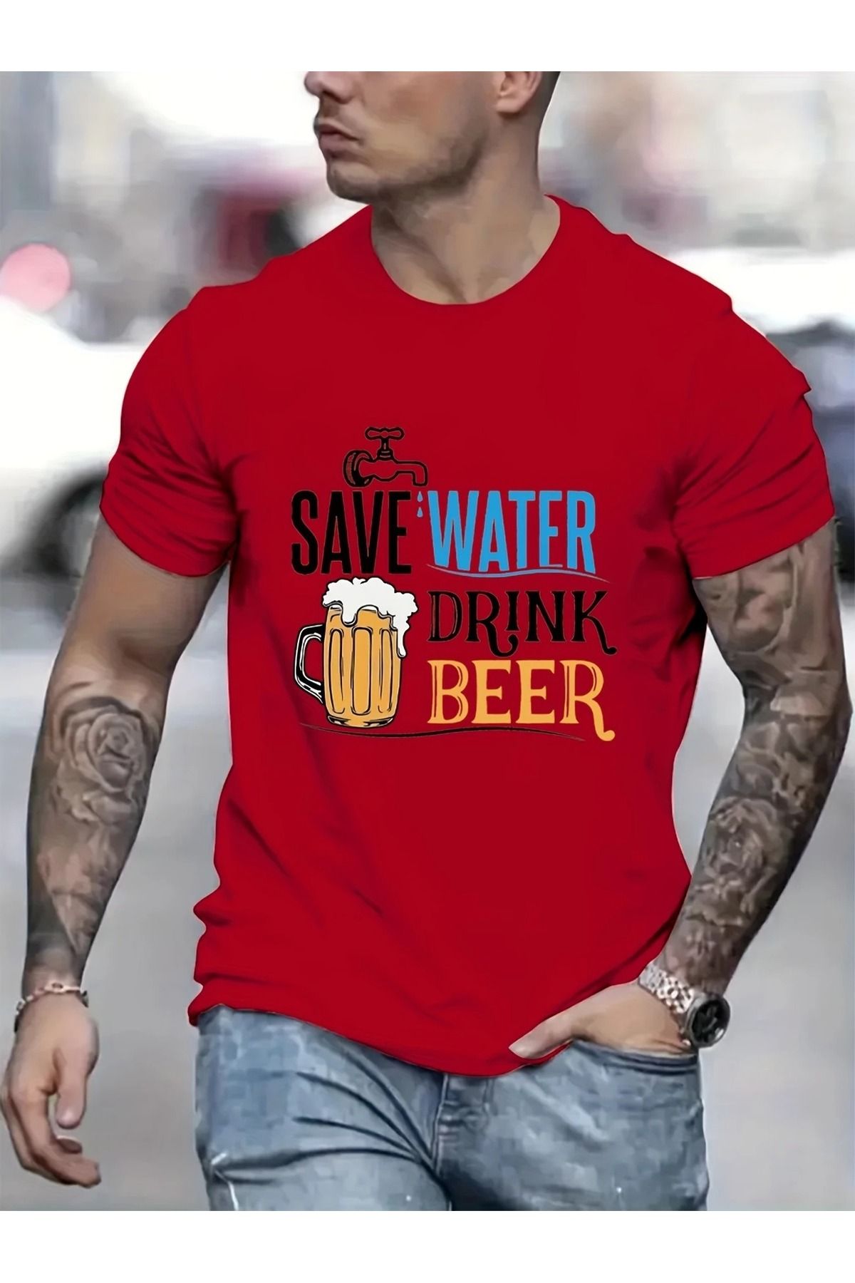 Massgai Unisex Save Water Drink Beer Baskılı Oversize %100 Pamuk T-shirt