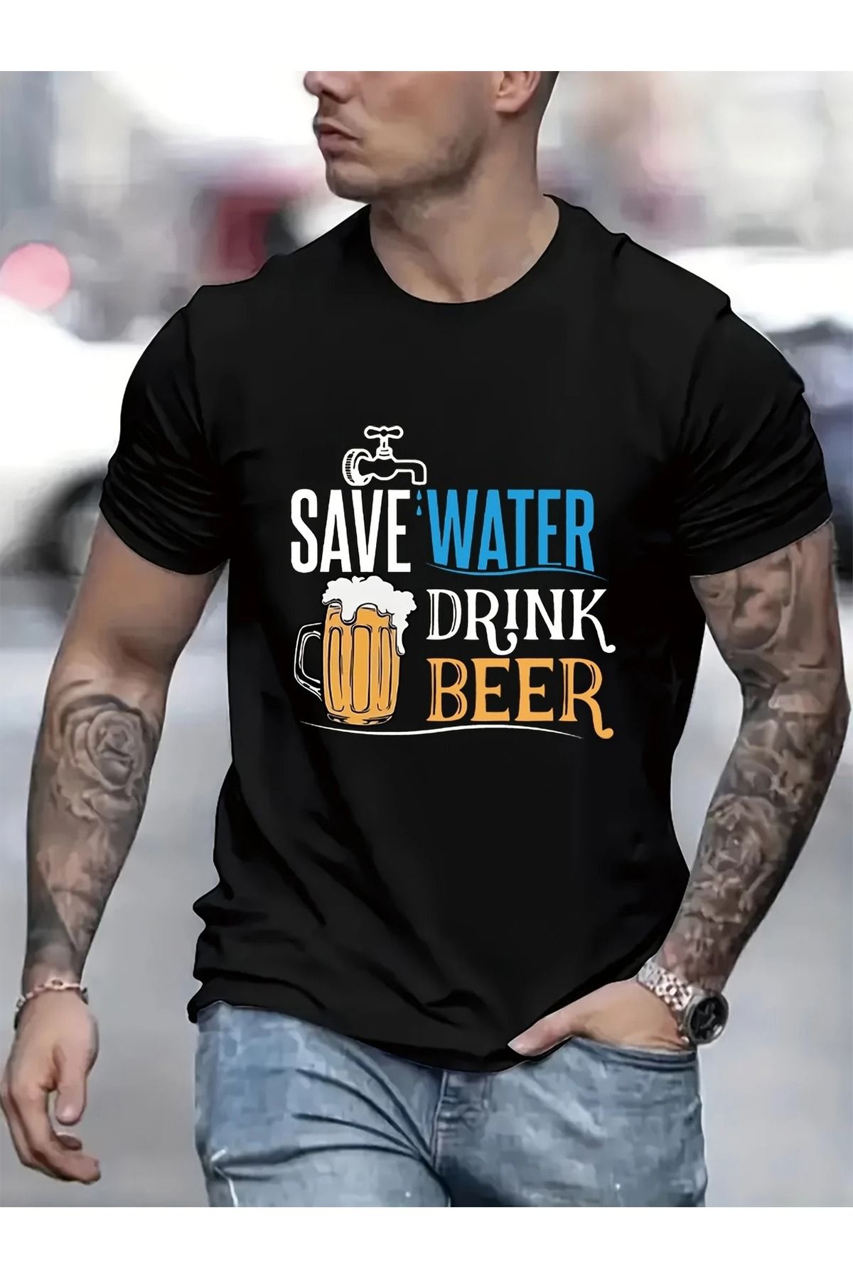 Massgai Unisex Save Water Drink Beer Baskılı Oversize %100 Pamuk T-shirt
