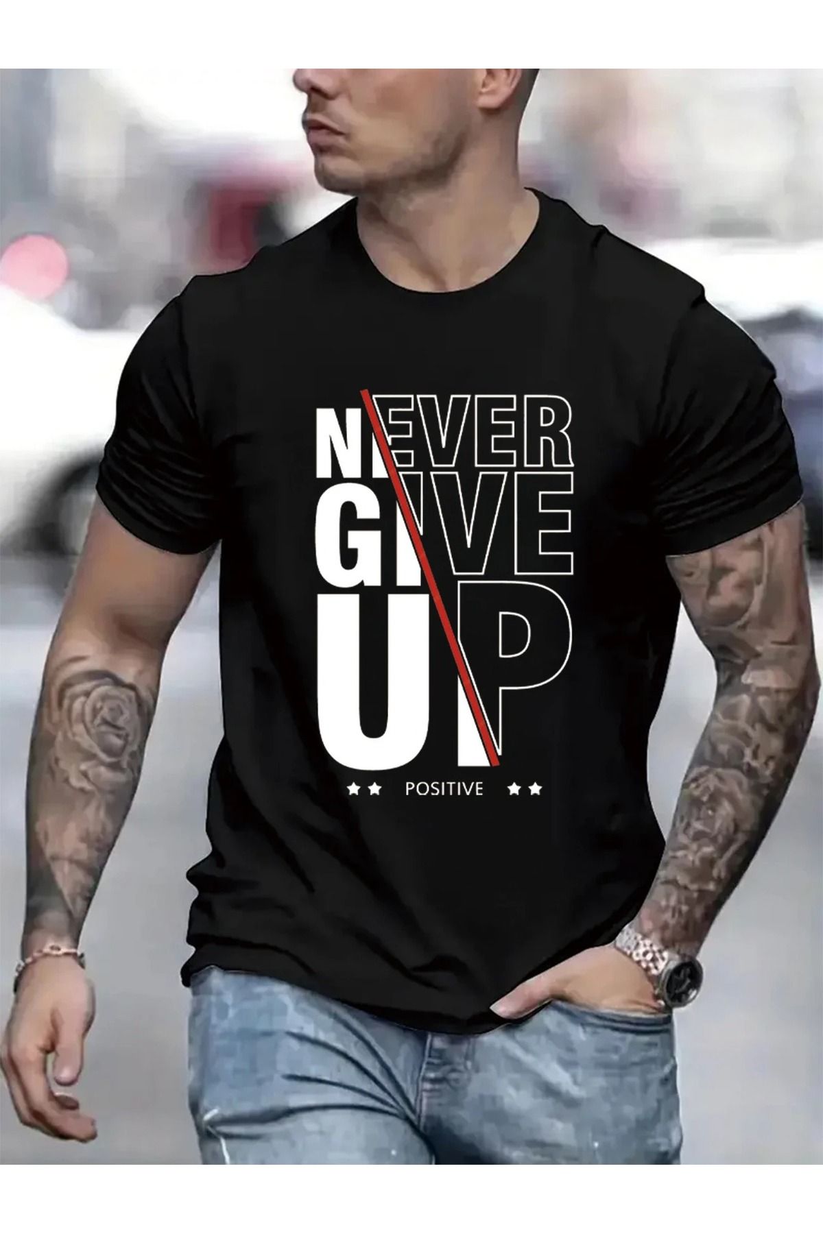 Massgai Unisex Never Give Up Baskılı Oversize %100 Pamuk T-shirt