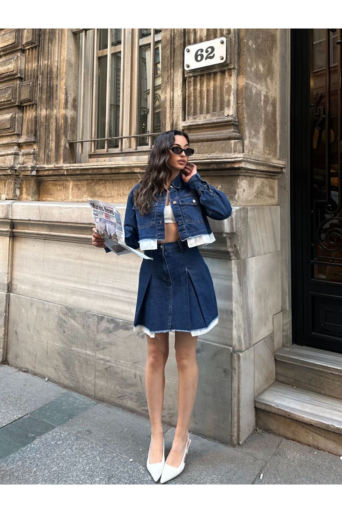 Castivo Fashion Çift Kat Paçalı Denim Ceket Etek Takım