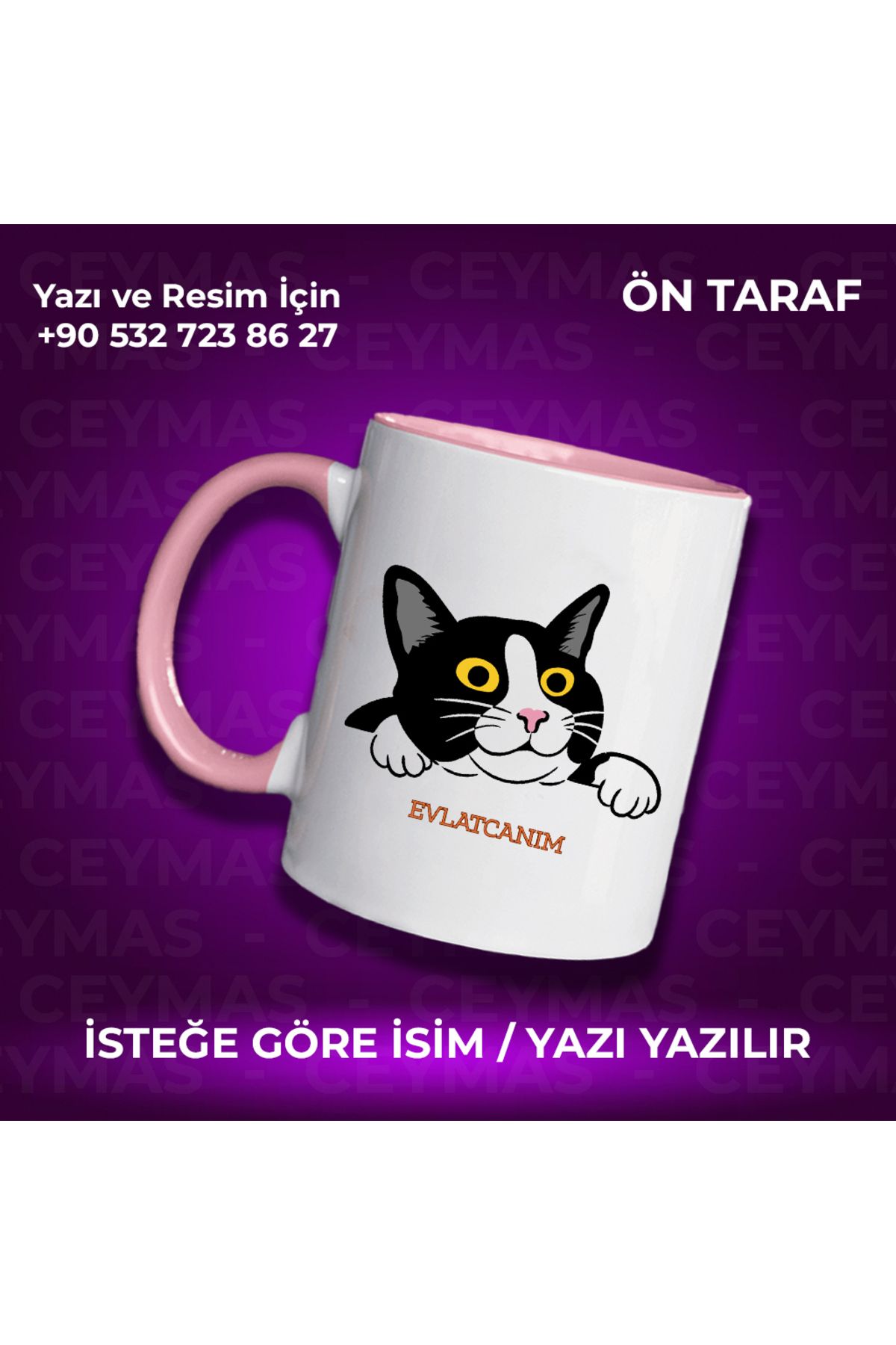 Ceymas Hediyelik Kişiye Özel İsim Baskılı Siyah Beyaz Kedili Renkli Kupa Bardak
