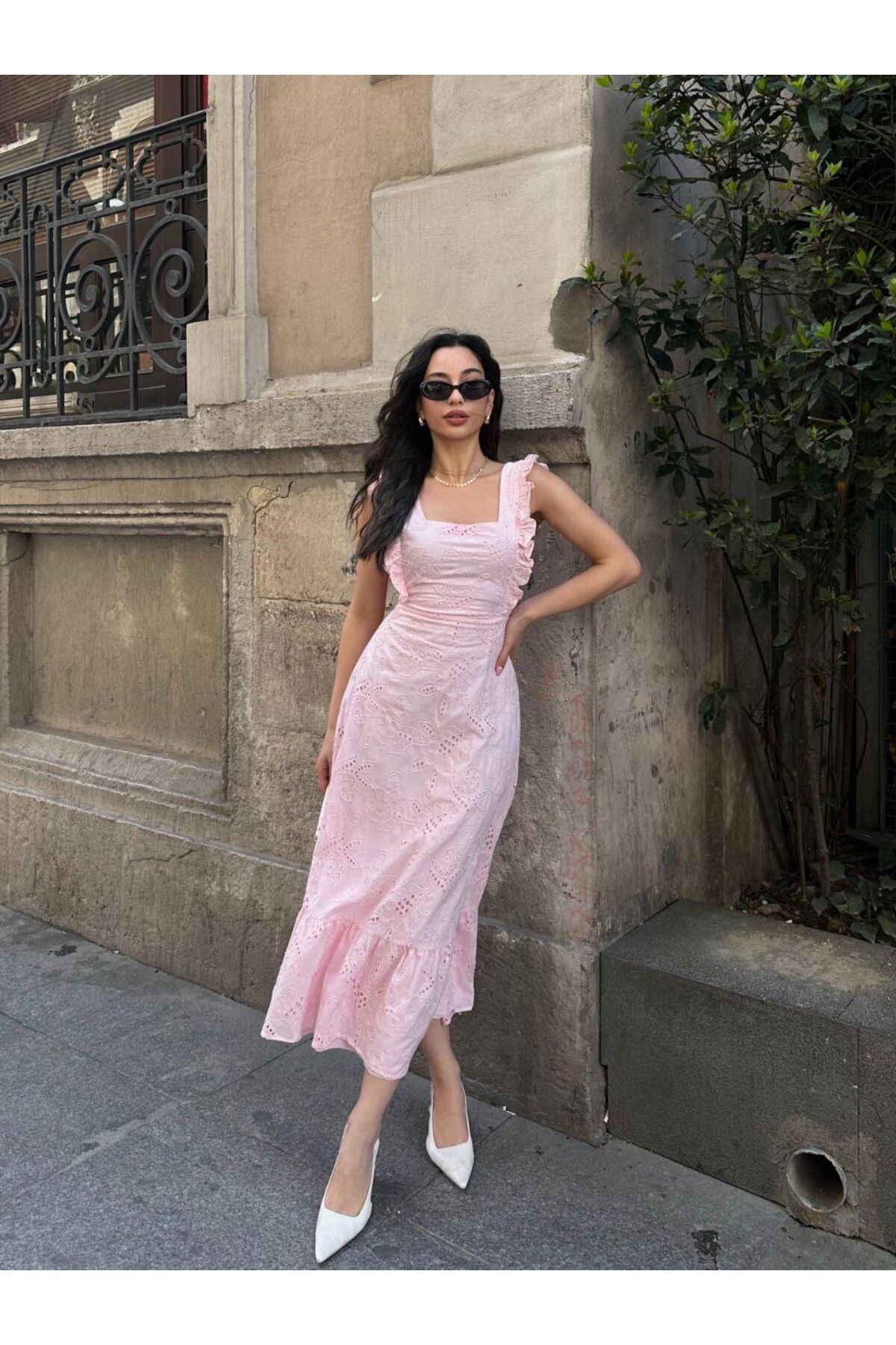 Castivo Fashion Fırfır Askılı Brode Bağlamalı Midi Elbise