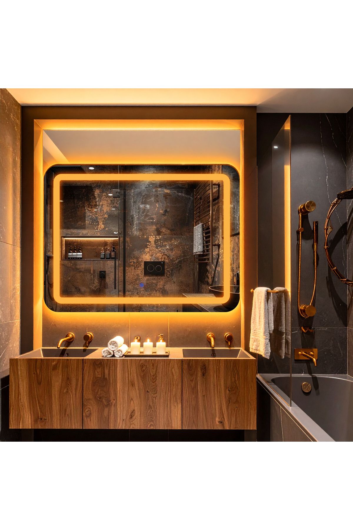 lumora mirror design Quadra Amber Led'li Kumlamalı Lavabo & Banyo Aynası (Dokunmatik Sensörlü)