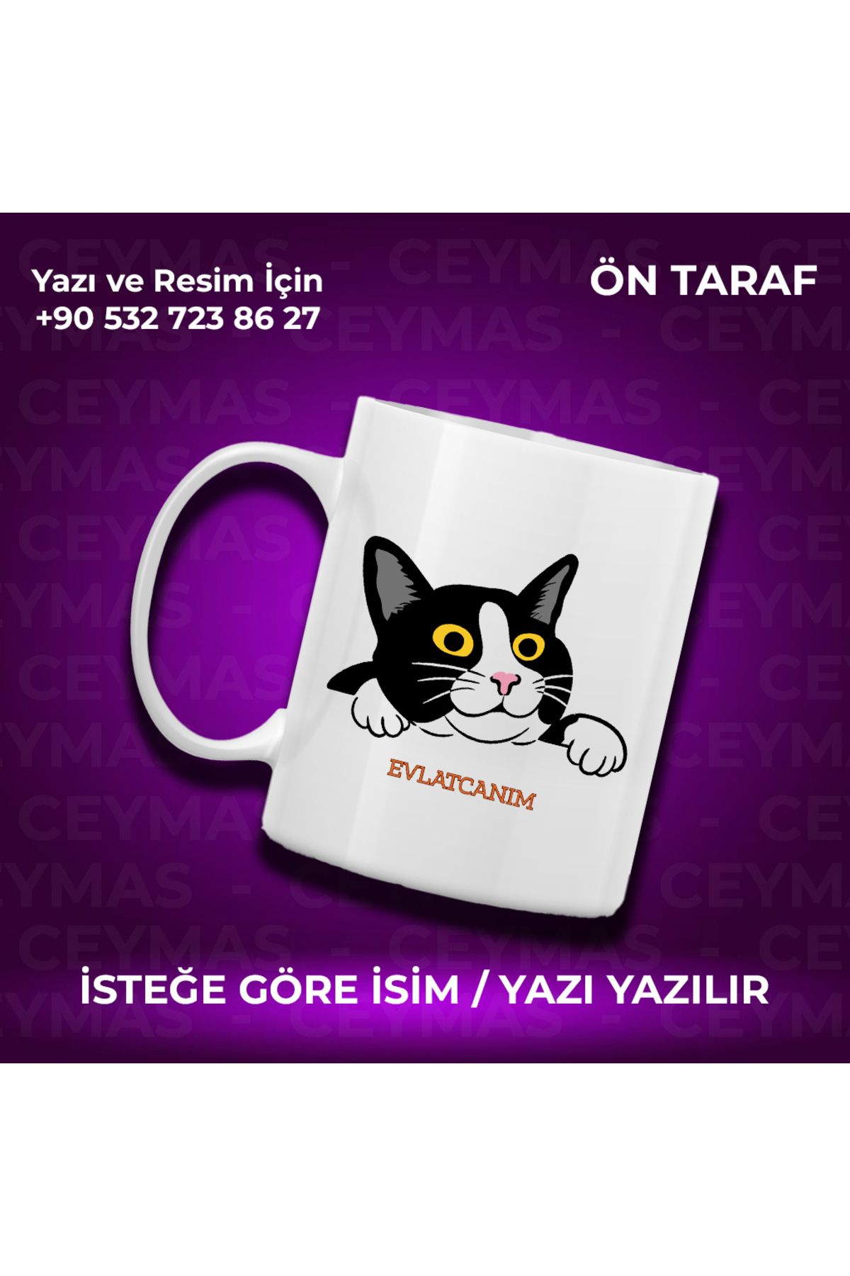 Ceymas Hediyelik Kişiye Özel İsim Baskılı Siyah Beyaz Kedili Renkli Kupa Bardak