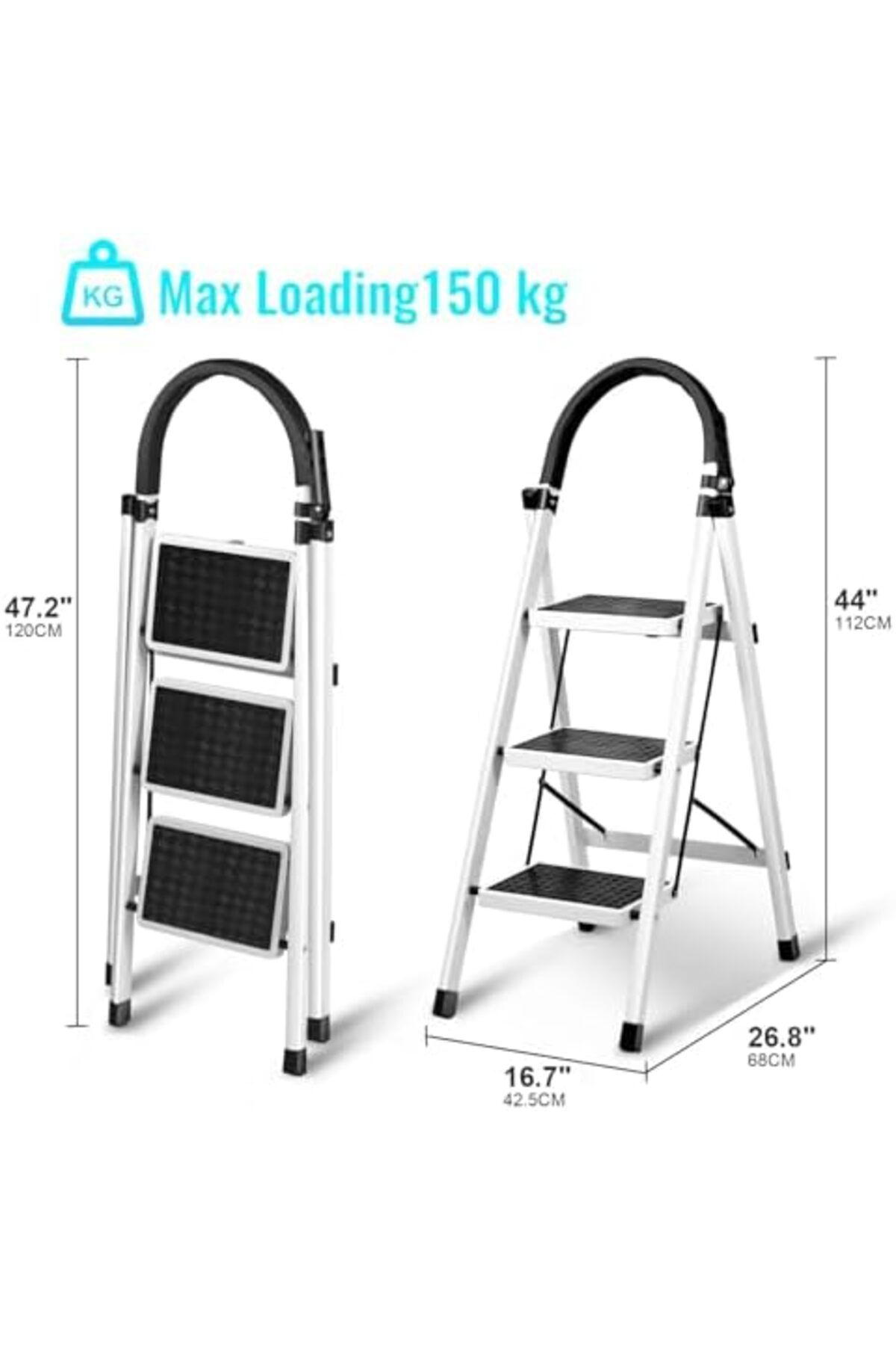 SKY TOUCH-SKY-TOUCH Foldable Ladder 3 Steps, Home Ladder Folding Step Stool with Wide Anti-Slip Pedal 6