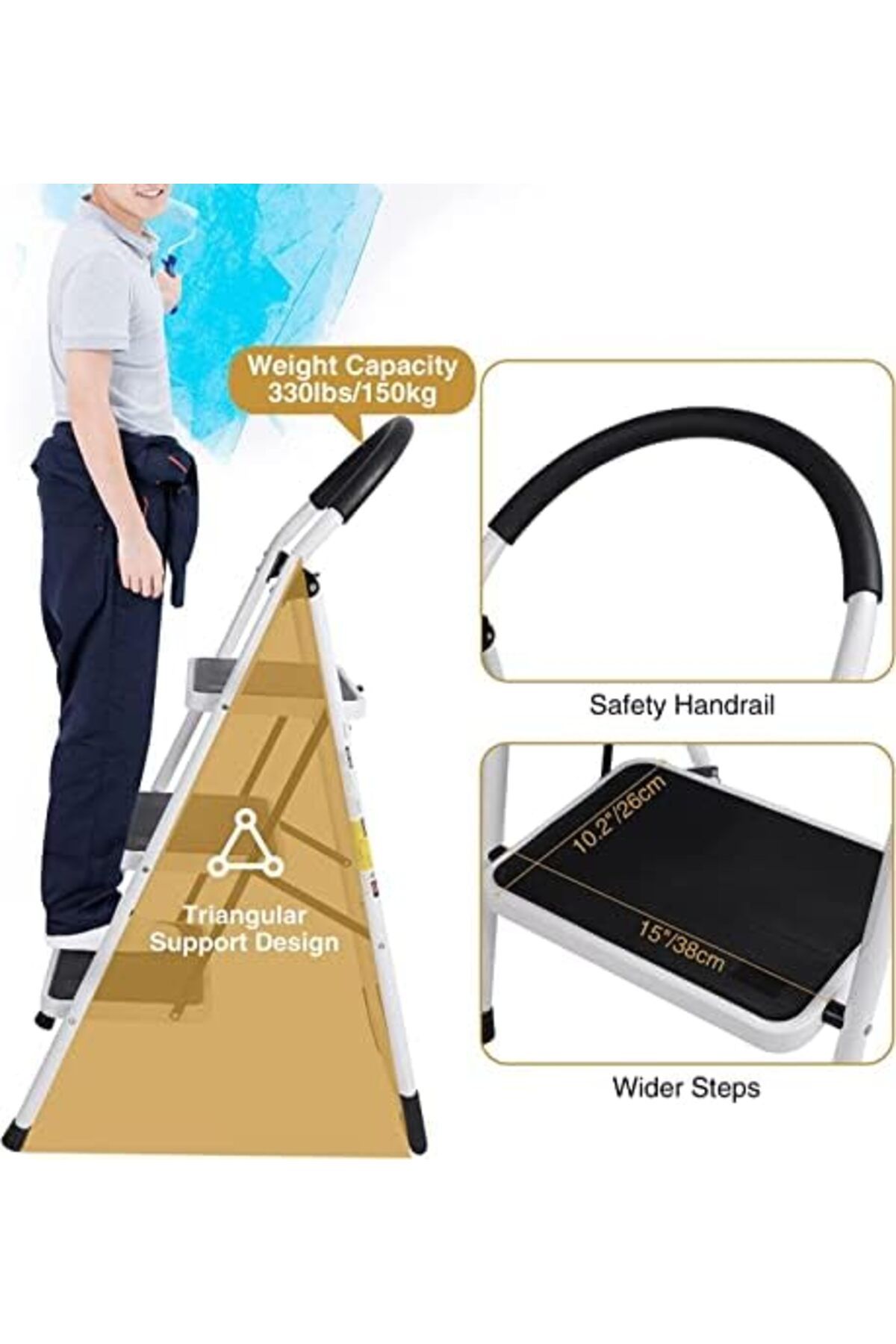 SKY TOUCH-SKY-TOUCH Foldable Ladder 3 Steps, Home Ladder Folding Step Stool with Wide Anti-Slip Pedal 9