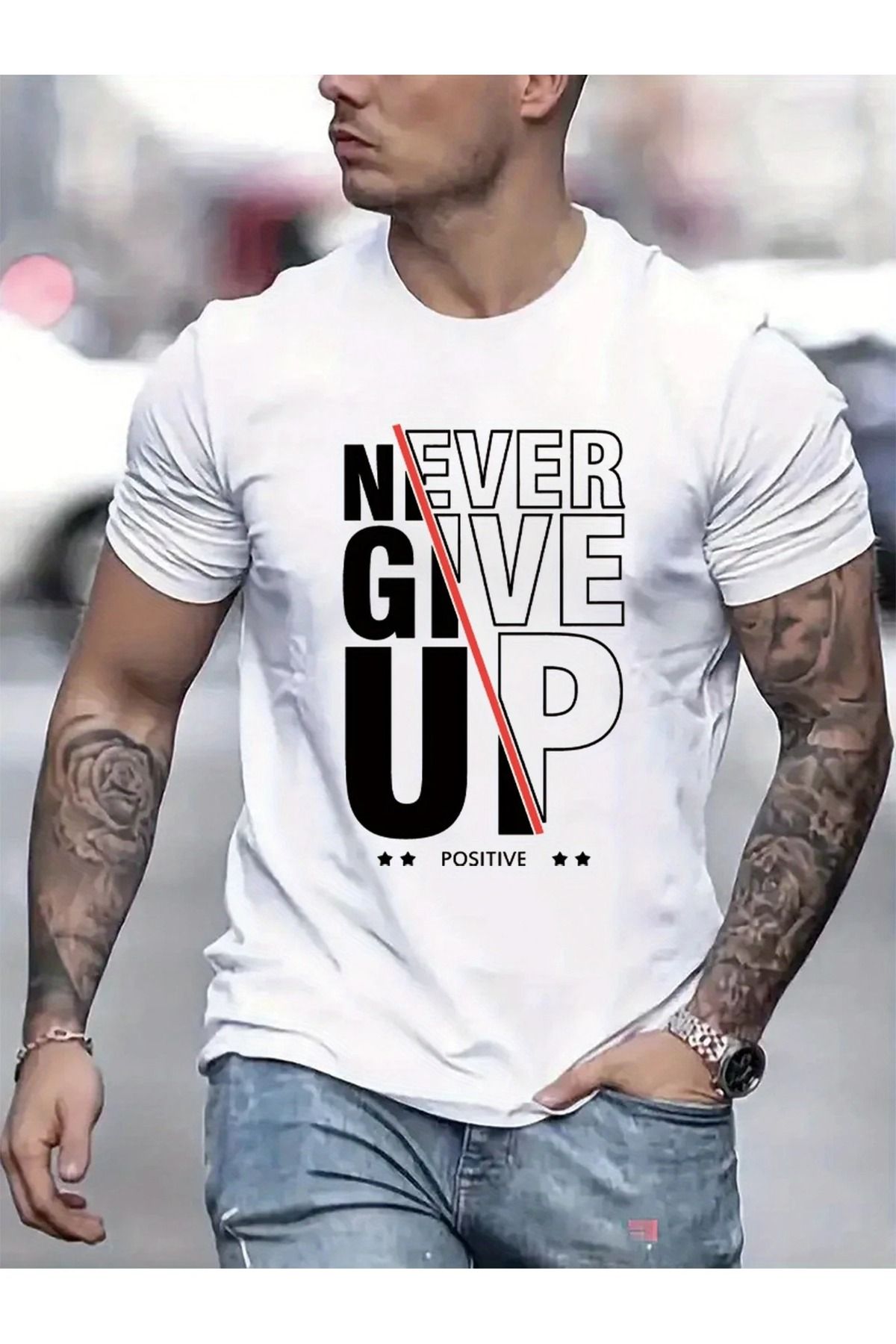 Massgai Unisex Never Give Up Baskılı Oversize %100 Pamuk T-shirt