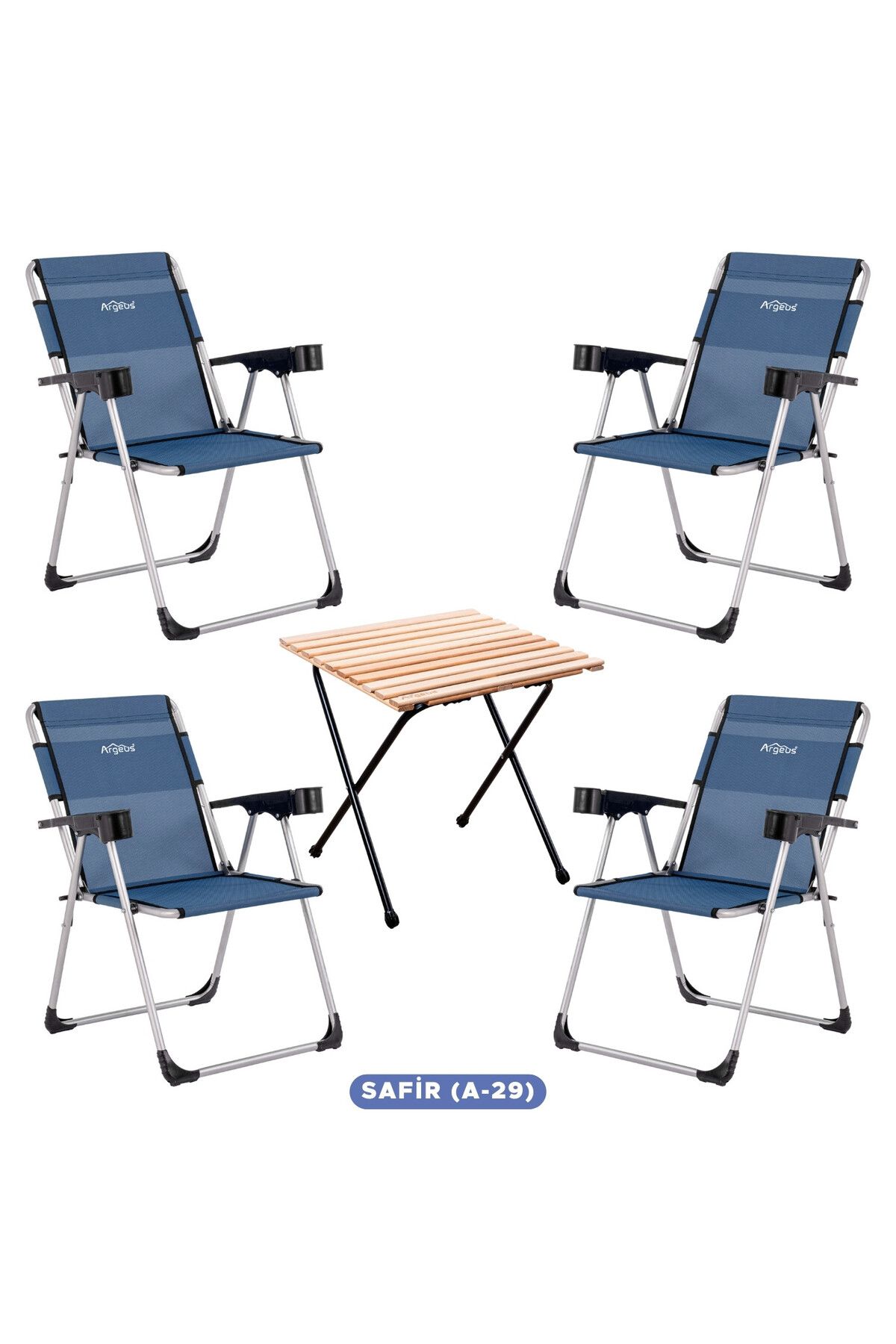 ARGEUS 4 Adet Katlanır Kamp Sandalyesi ve Masa Seti - Rock - Safir - Bardaklıklı - 140 KG