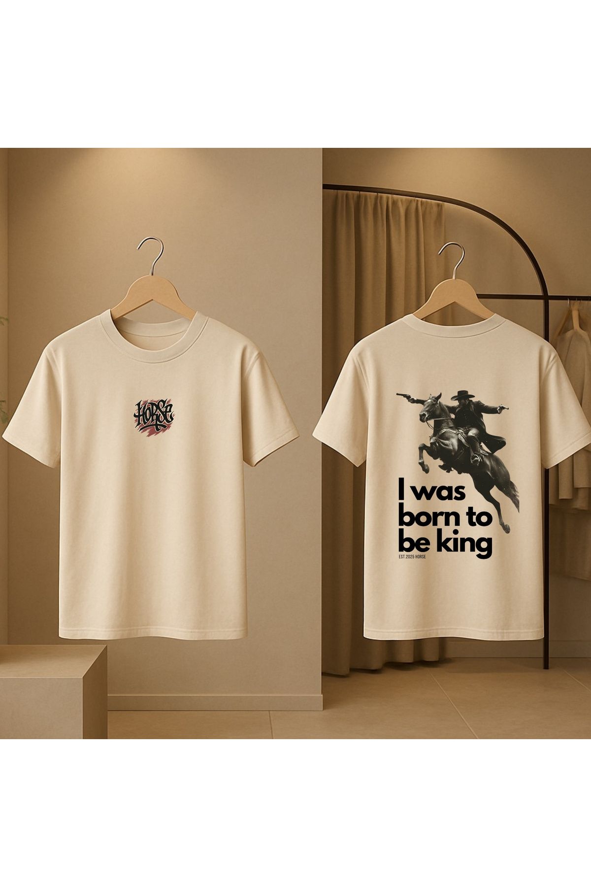 Horse ERKEK BİSİKLET YAKA LİKRALI %100 PAMUK OVERSİZE ÖN ARKA BASKILI T-SHİRT