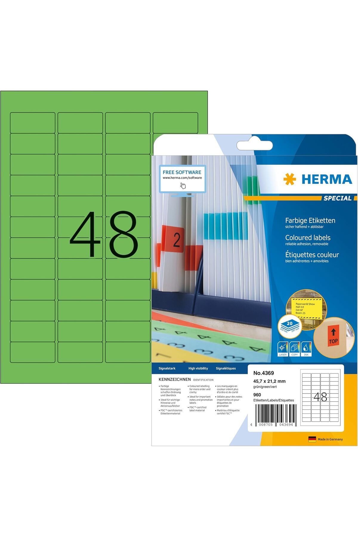 DERİK Derik 4369 Renkli Etiket Yeşil Çıkarılabilir, 20 Yaprak, 45,7 x 21,2 mm, A4 Başına 48, 960 Ade