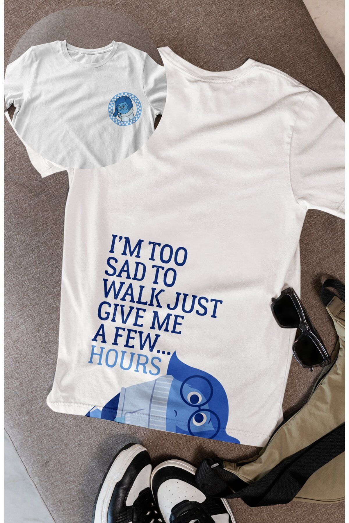 Fuddy Moda Unisex Komik In.side Out Üzüntü Sırt Baskılı Tişört, Oversize Animasyon Film Temalı T-Shirt