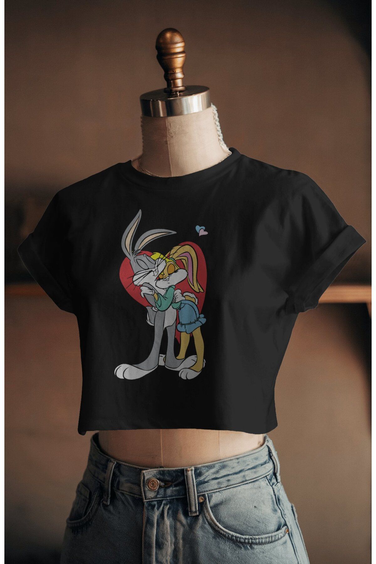 Fuddy Moda Kalpli Lola Bunny ve Bugs Bunny Baskılı Crop Top, Kadın Çizgi Film Temalı Crop Bluz