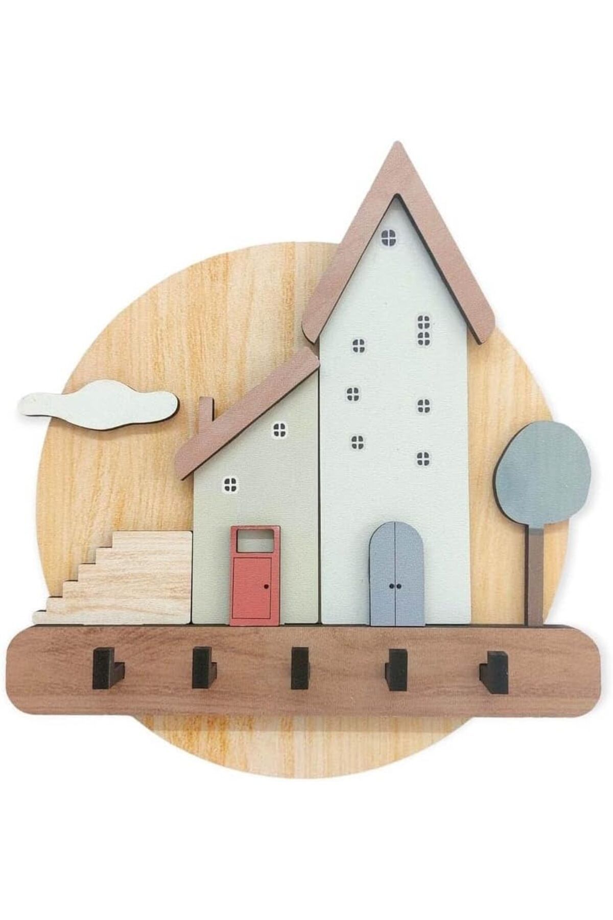 KDROĞLU KDROGLU art & decoration Pastel Renkli Evler Ahşap Anahtarlık Hol Antre Askılık Duvar Dekor