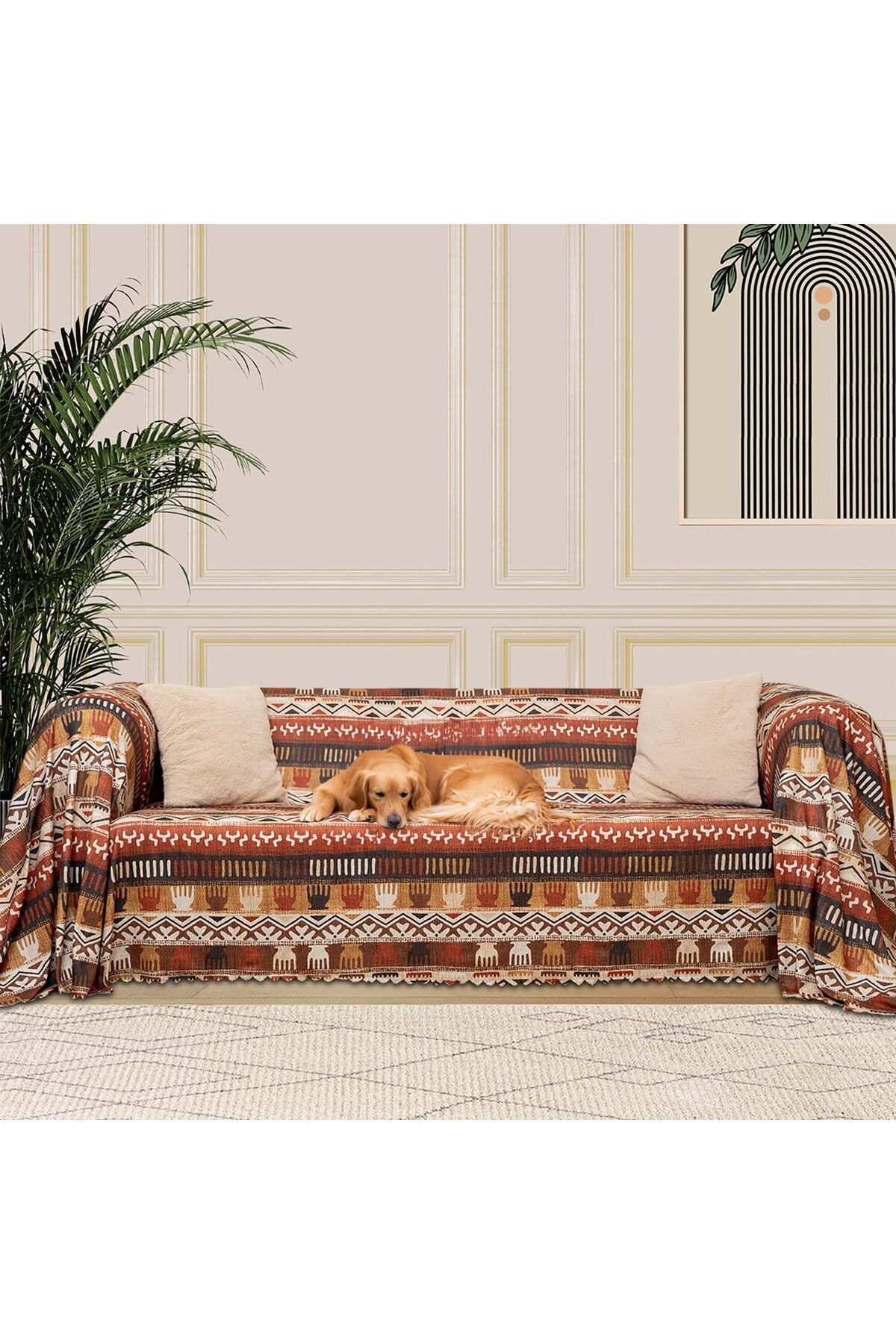 KDROĞLU KDROGLU CONCEPT SoftMicro Boho Etnik Desenli Mikrofiber Koltuk Örtüsü ve Şalı, Kaymaz Toprak180