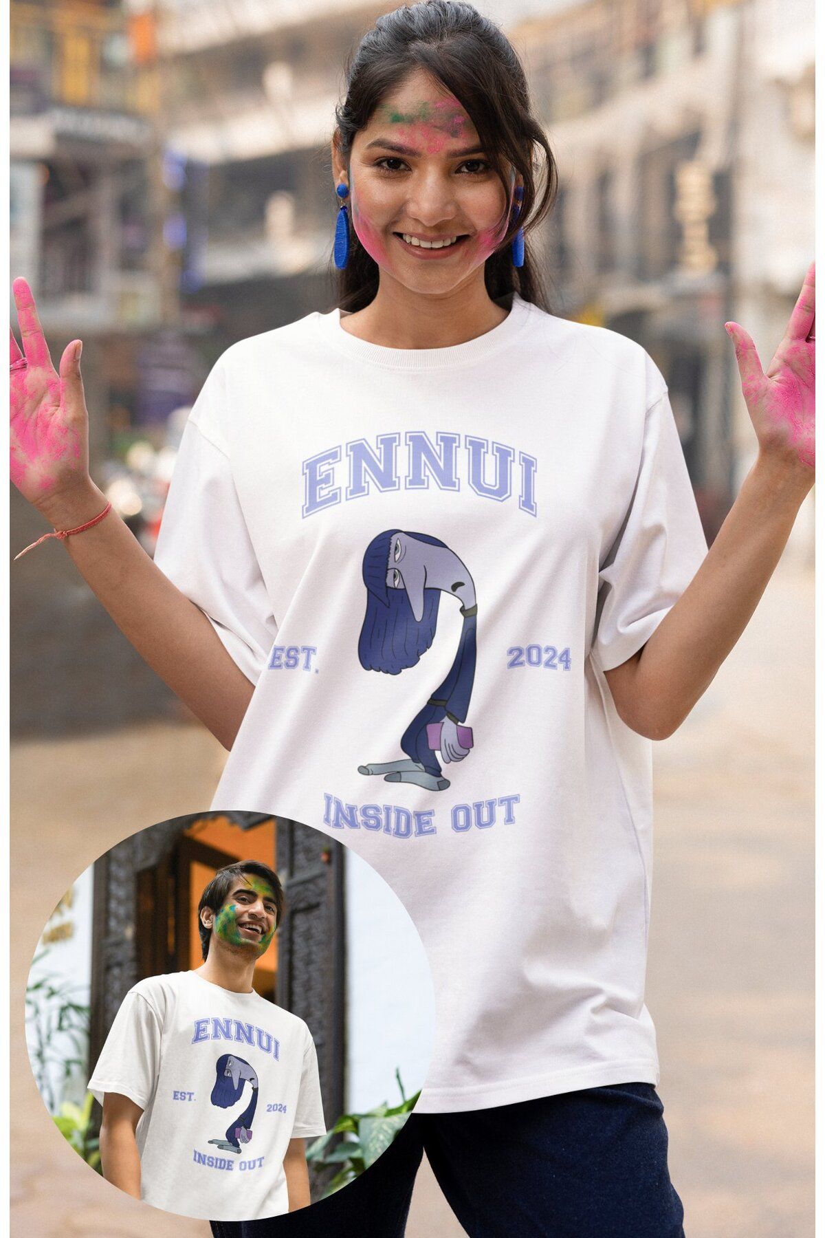 Fuddy Moda Unisex Insi.de Out Ennui Baskılı T-shirt, Oversize Ters Yüz Animasyon Film Temalı Tişört