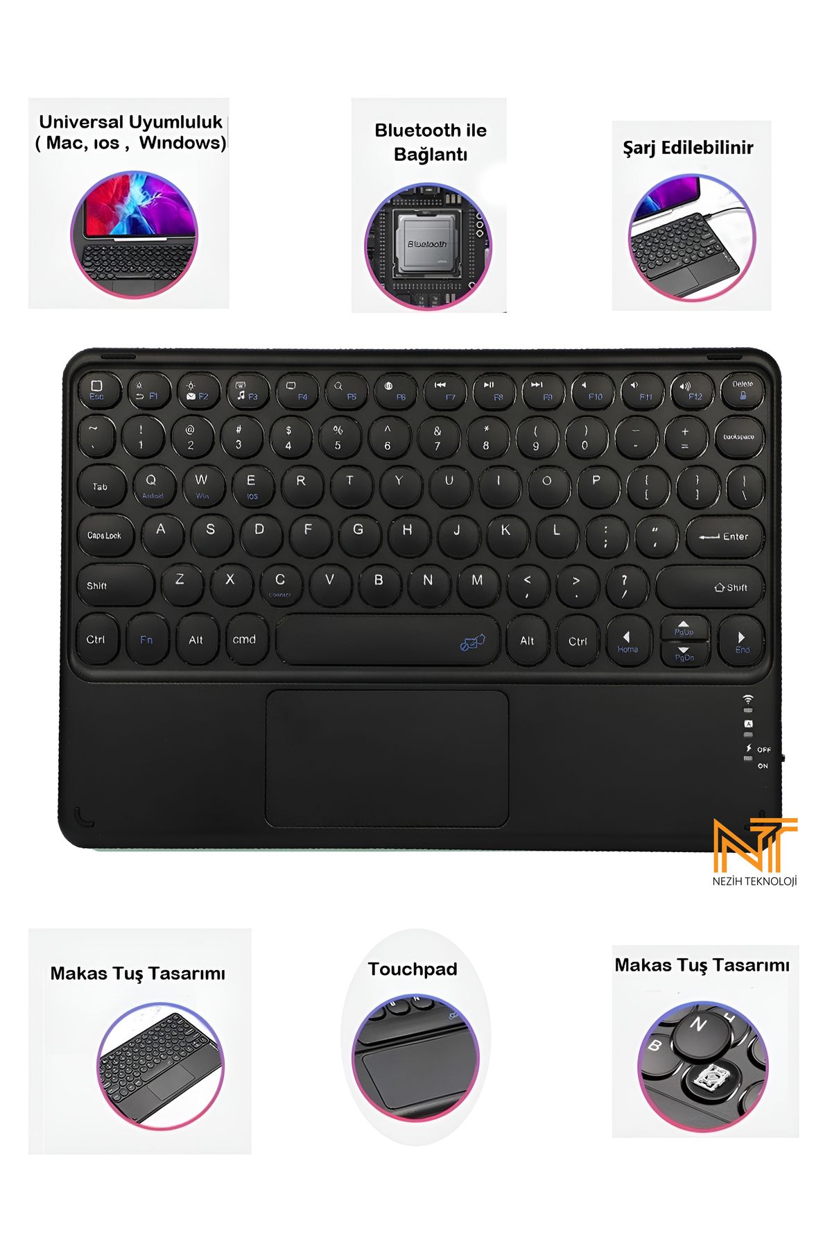 Nezih Case Samsung Galaxy Tab A9 Plus X210 / A9 X110 / A8 X200 / A7 T500 / T290 /T220 Uyumlu Bluetooth Klavye