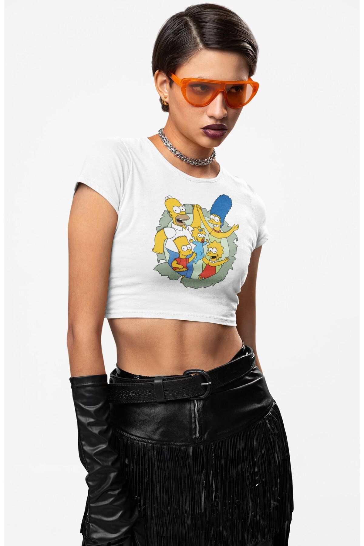 Fuddy Moda Simpons Family Baskılı Crop Top, Kadın Çizgi Film Temalı Crop Bluz