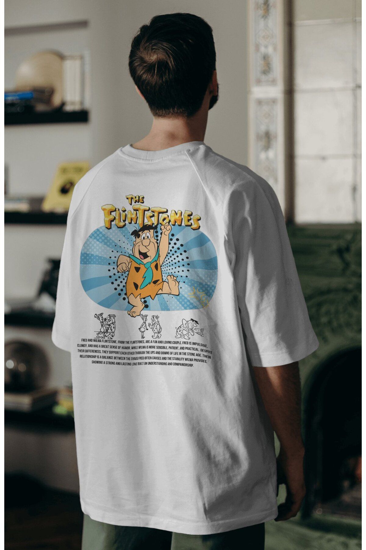 Fuddy Moda Flintstones Fred Çakmaktaş Sırt Baskılı Couple Tişört, Oversize Çizgi Film Temalı Çift T-Shirt