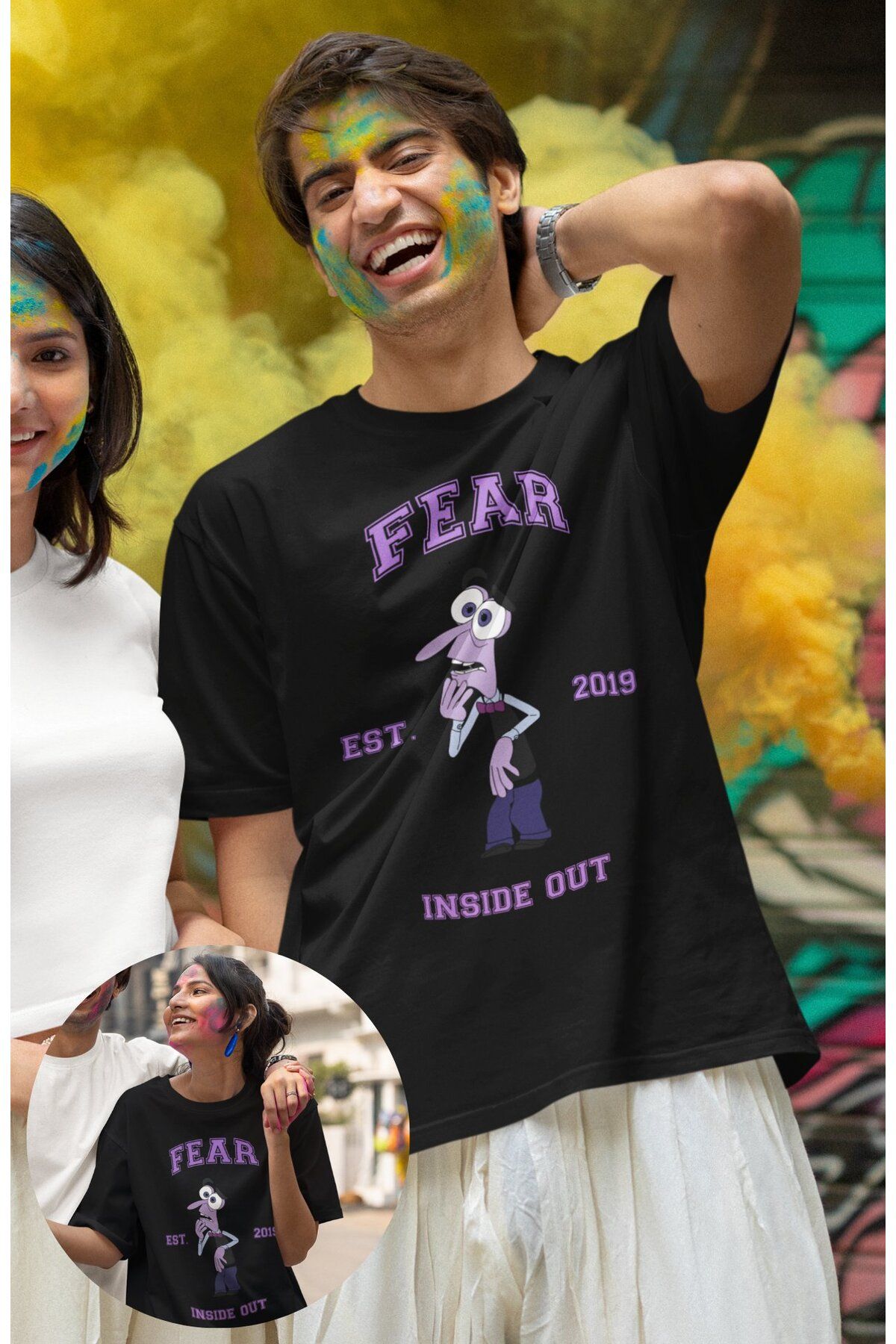 Fuddy Moda Unisex Insi.de Out Fear Baskılı T-shirt, Oversize Ters Yüz Animasyon Film Temalı Tişört